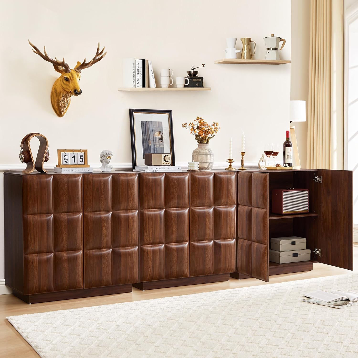 Sideboard Buffet Cabinet with Storage, Accent Storage Cabinets with 6 Doors, Mid Century Modern Credenza Wood Cabinet with Plaid Pattern, Console Table for Living Room Dining Room Hallway,Walnut 3 PCS