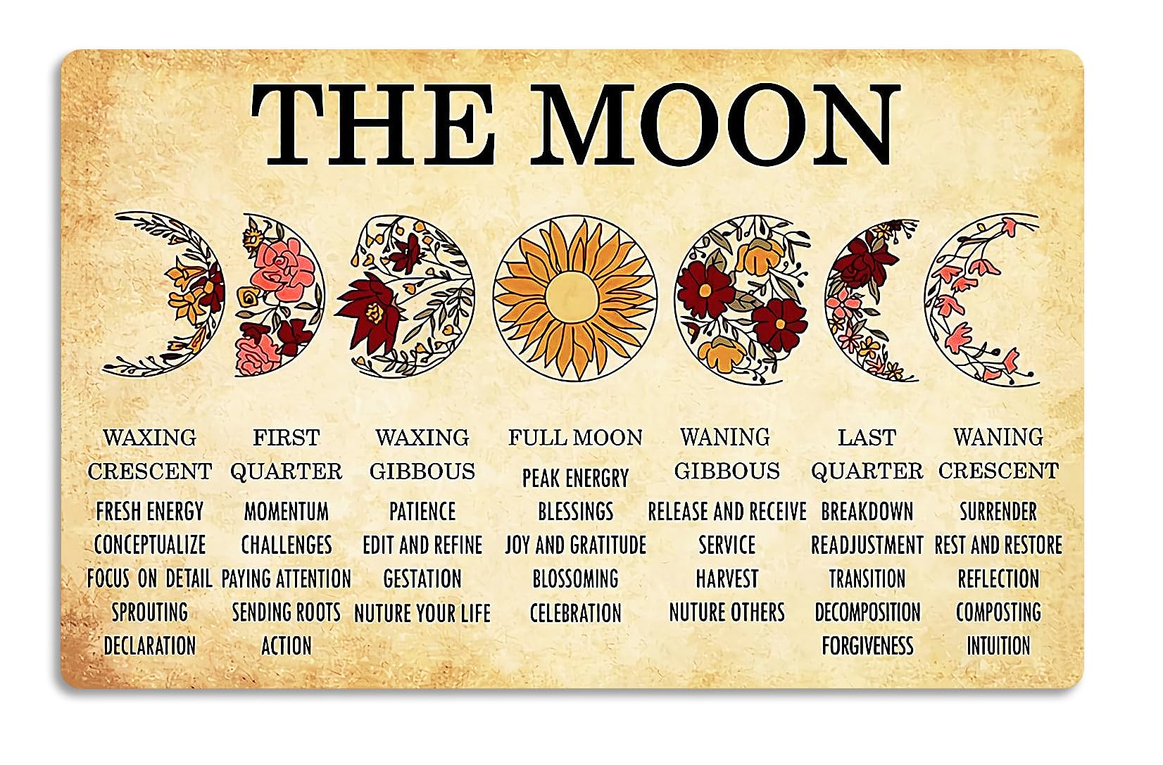 FmcmlyVintage Metal Tin Signs Moon Phases Meanings Witchery Room Aesthetic Decoration New Year Sign Gift for Parents Home Kitchen Office Garage Bar Coffee Wall Decor 8x12 Inch