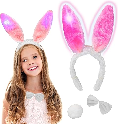 Halloween 3pc Bunny Costume Headband Light-up Ears Bowtie Tail-Rabbit for Men Women Kids -One Size Couples Party Easter