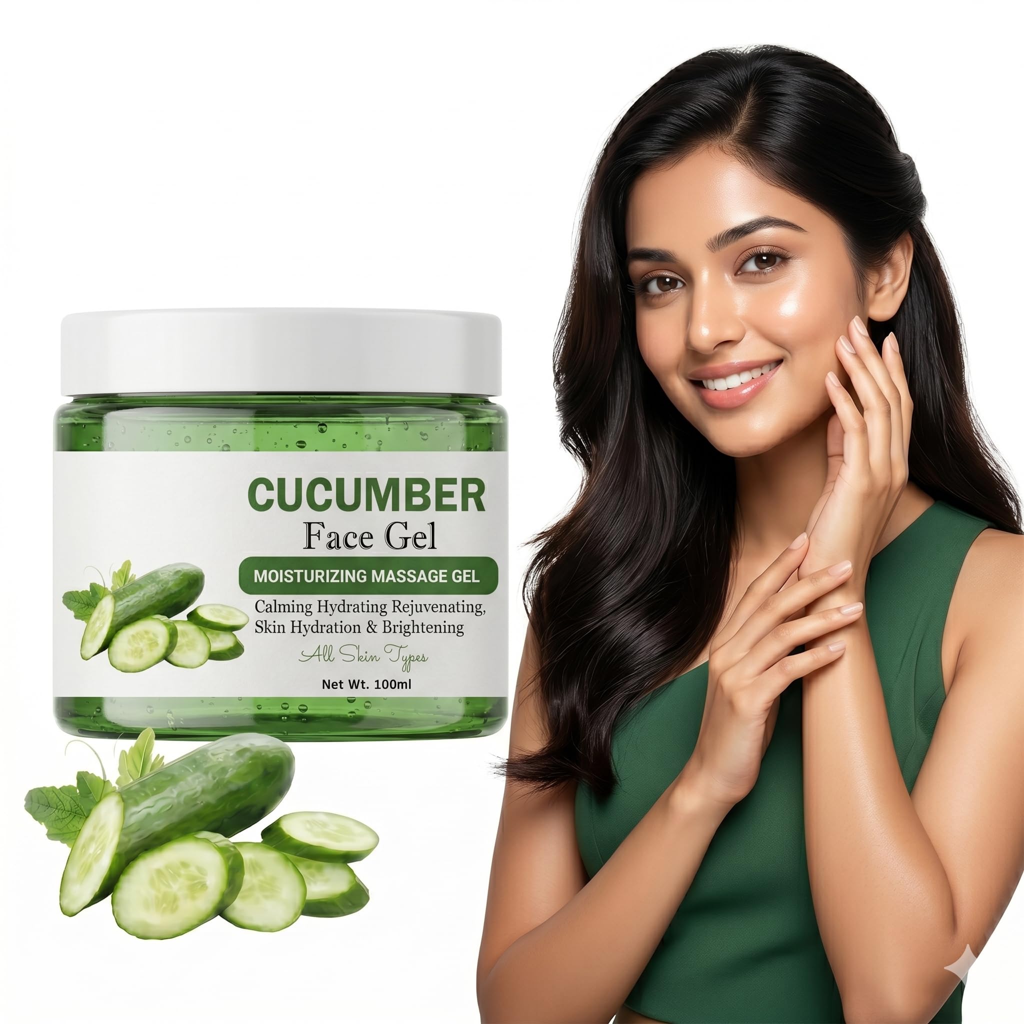 Cucumber Face Gel - Moisturizing Massage Gel for Glowing Skin, Hydrating, Calming & Rejuvenating, Skin Brightening Formula for All Skin Types, 100ml-image-15