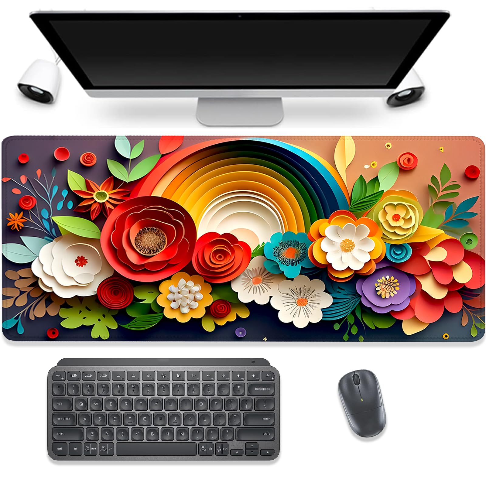 Rainbow Spring Flowers Desk Pad Mouse Pad,Floral Prints Extended Large Gaming Mouse Mat with Stitched Edges,Non-Slip Waterproof Rubber Base Mousepad for Office Work Home Desk Mat(27.5X11.8 in)