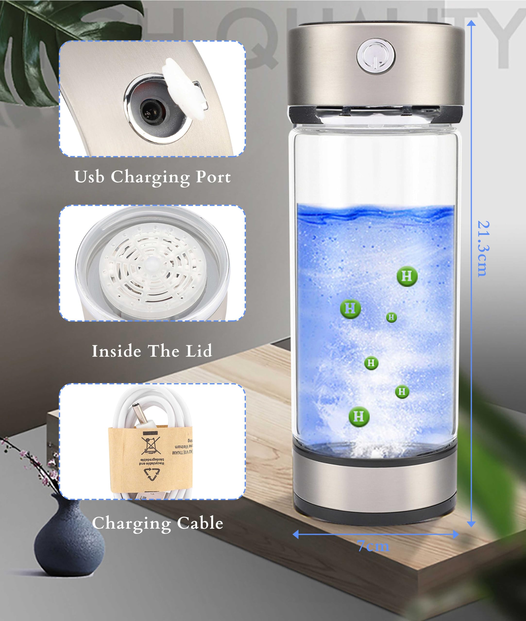 Bottiglia D'Acqua di Idrogeno, Bottiglia Portatile per Generatore di Acqua di Idrogeno, Tazza di Acqua Ricca di Idrogeno con Ricarica USB, Bottiglia di Ionizzatore D'Acqua da 420