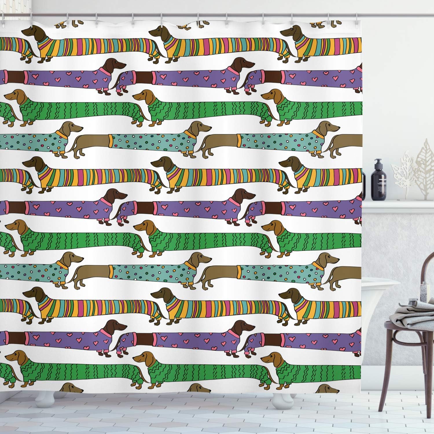 Ambesonne Dog Lover Shower Curtain, Cartoon Style Dachshunds Dressed in Pyjamas Chevron Lines Polka Dots and Hearts, Cloth Fabric Bathroom Decor Set with Hooks, 69" W x 75" L, Brown Multicolor
