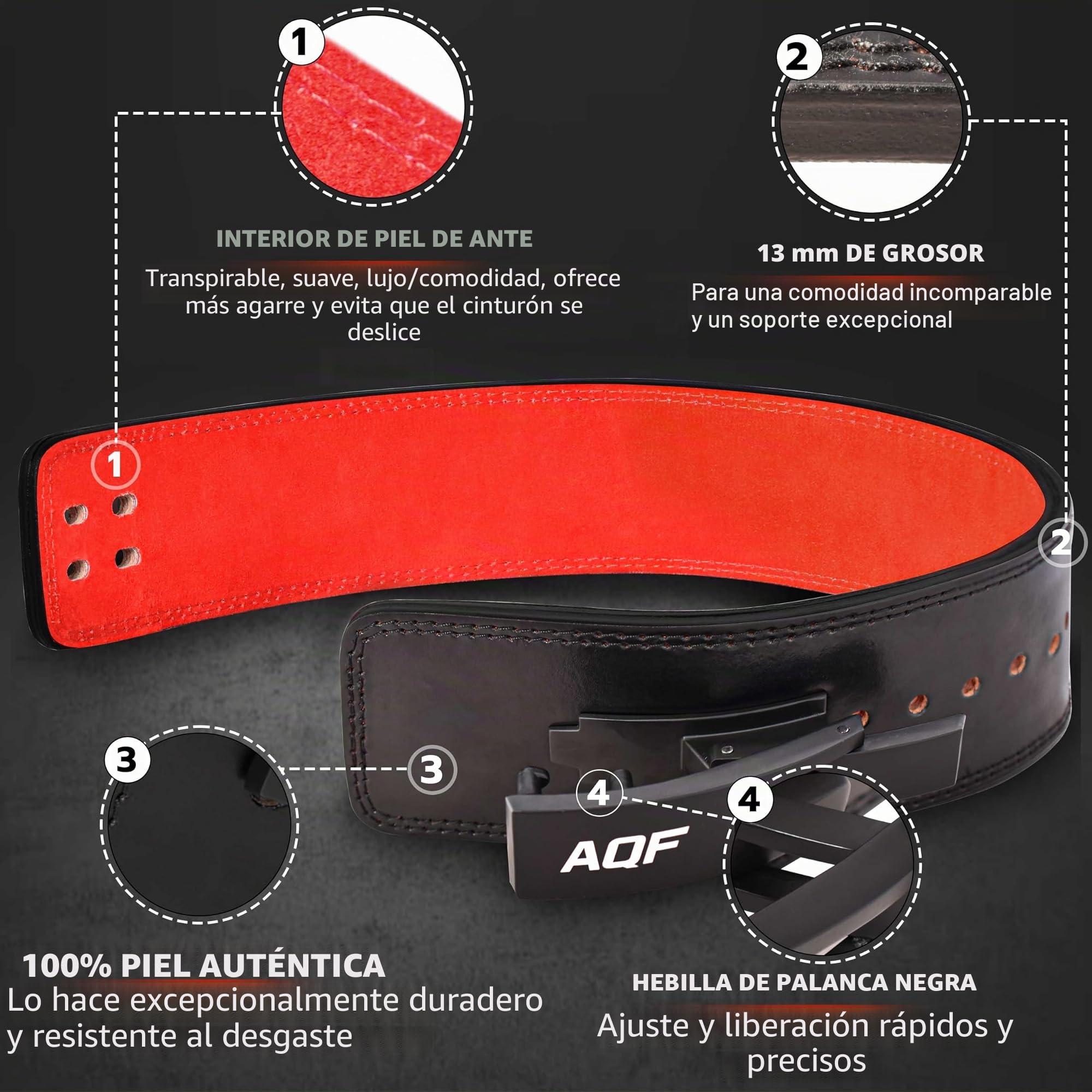 AQF Cinturón Gym Cuero 13mm, Hebilla de Palanca, IPL y USPA Aprobada