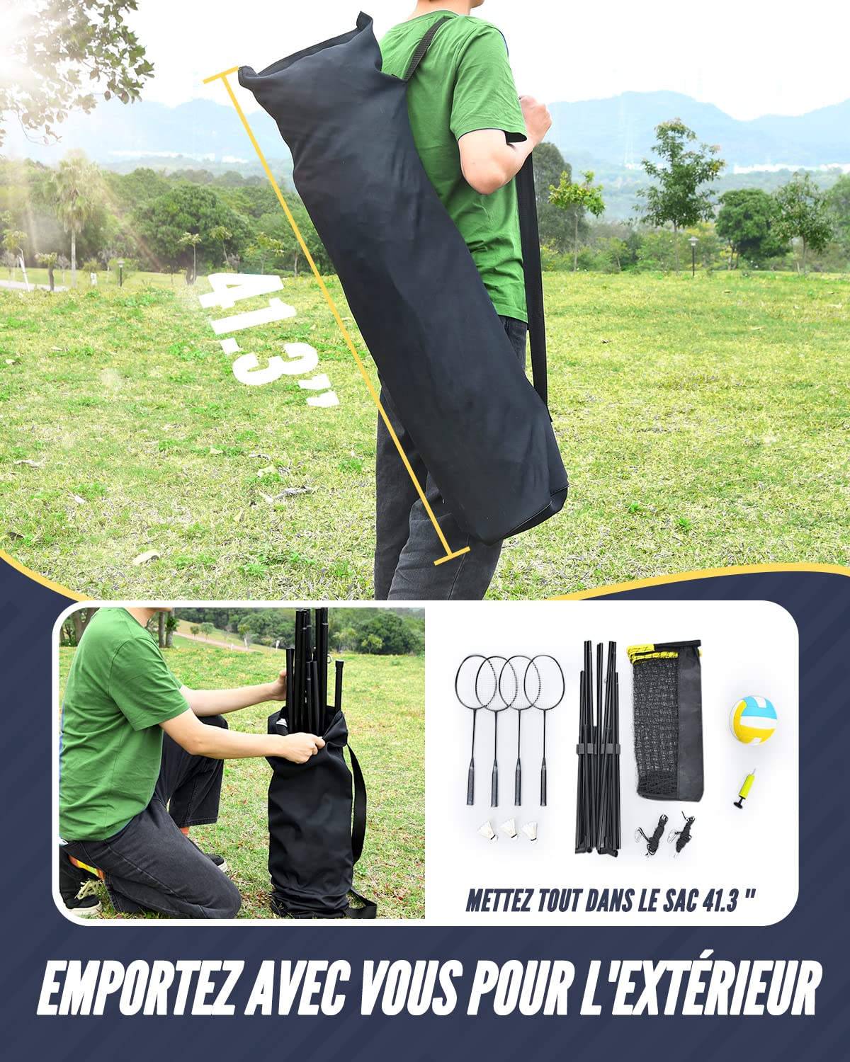 Filet de Badminton et Volleyball de 5.18M- Filet de Sport réglable en Hauteur extérieur avec poteaux, 4 Raquettes de Badminton, 3 Volants et 1 Volley-Ball pour arrière-Cour, Plage, Jardin
