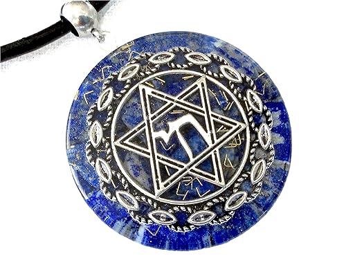 Orgone energy pendant necklace with Star of David Chai and Authentic Lapis Lazuli stones. 1.6 inch diameter. Made in USA