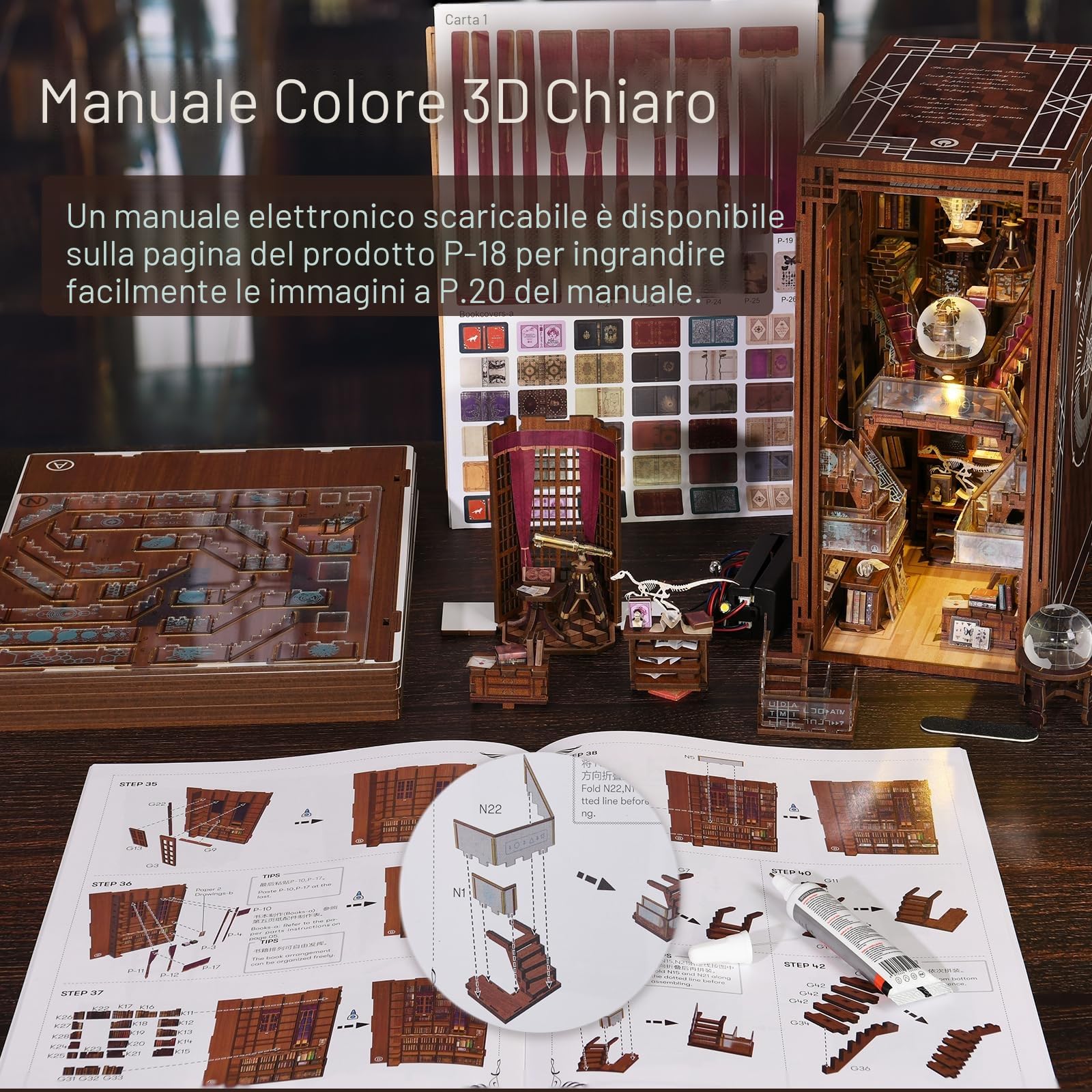 Minicity Book Nook Kit, kit fai da te in miniatura per casa delle bambole in legno 3D, fermalibro, libreria, decorazione con luce LED per ragazzi e adulti (Beyond Library)