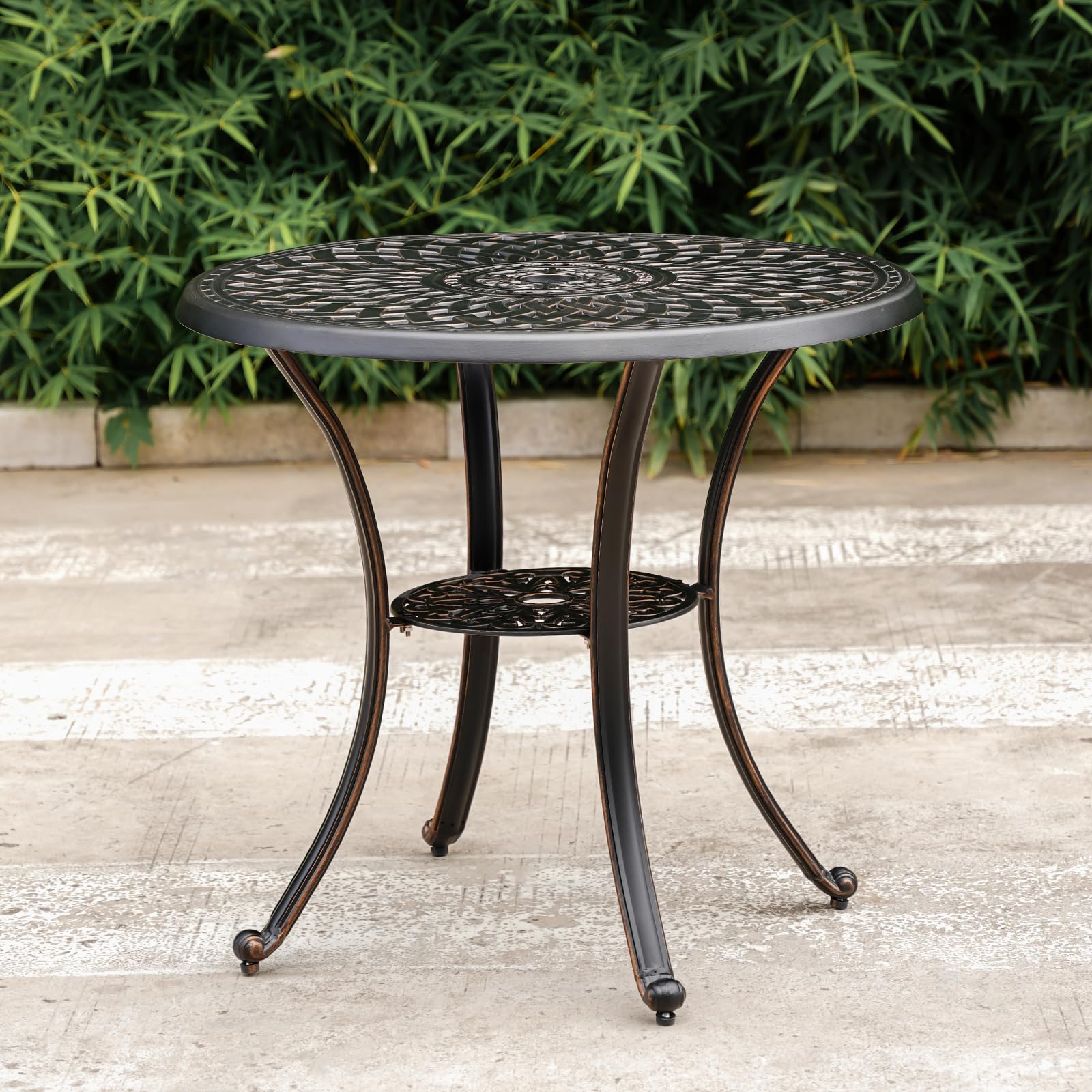 Outdoor Table Patio Table with Umbrella Hole, Round Bistro Table for Lawn Garden, All Weather Metal Black Patio Dining Desk (31.5“, Round)