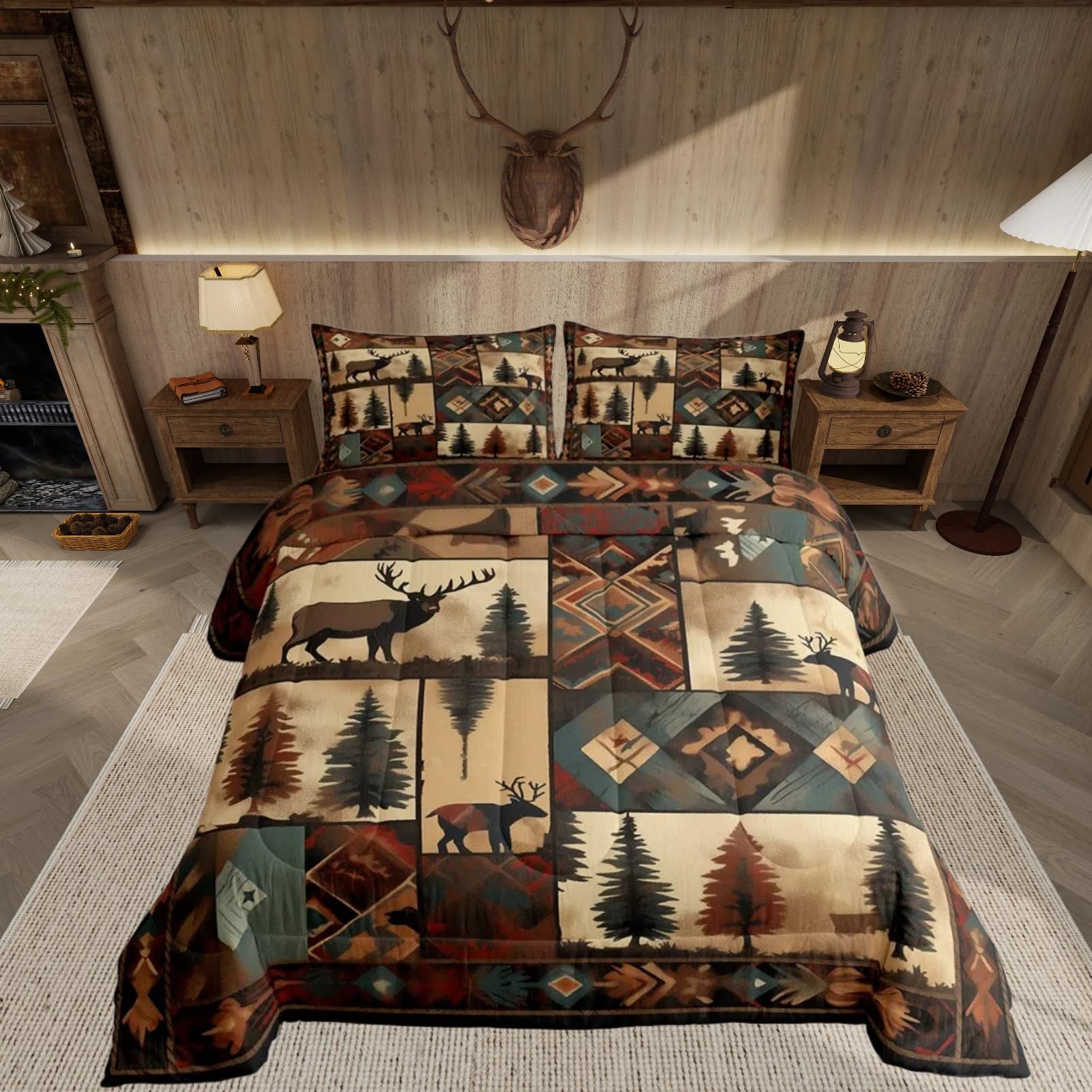 Feelyou Deer Bedding Set Queen Size Wild Animal Comforter Set for Kids Boys Girls Decor Checkerboard Comforter Microfiber Drak Brown Duvet Set