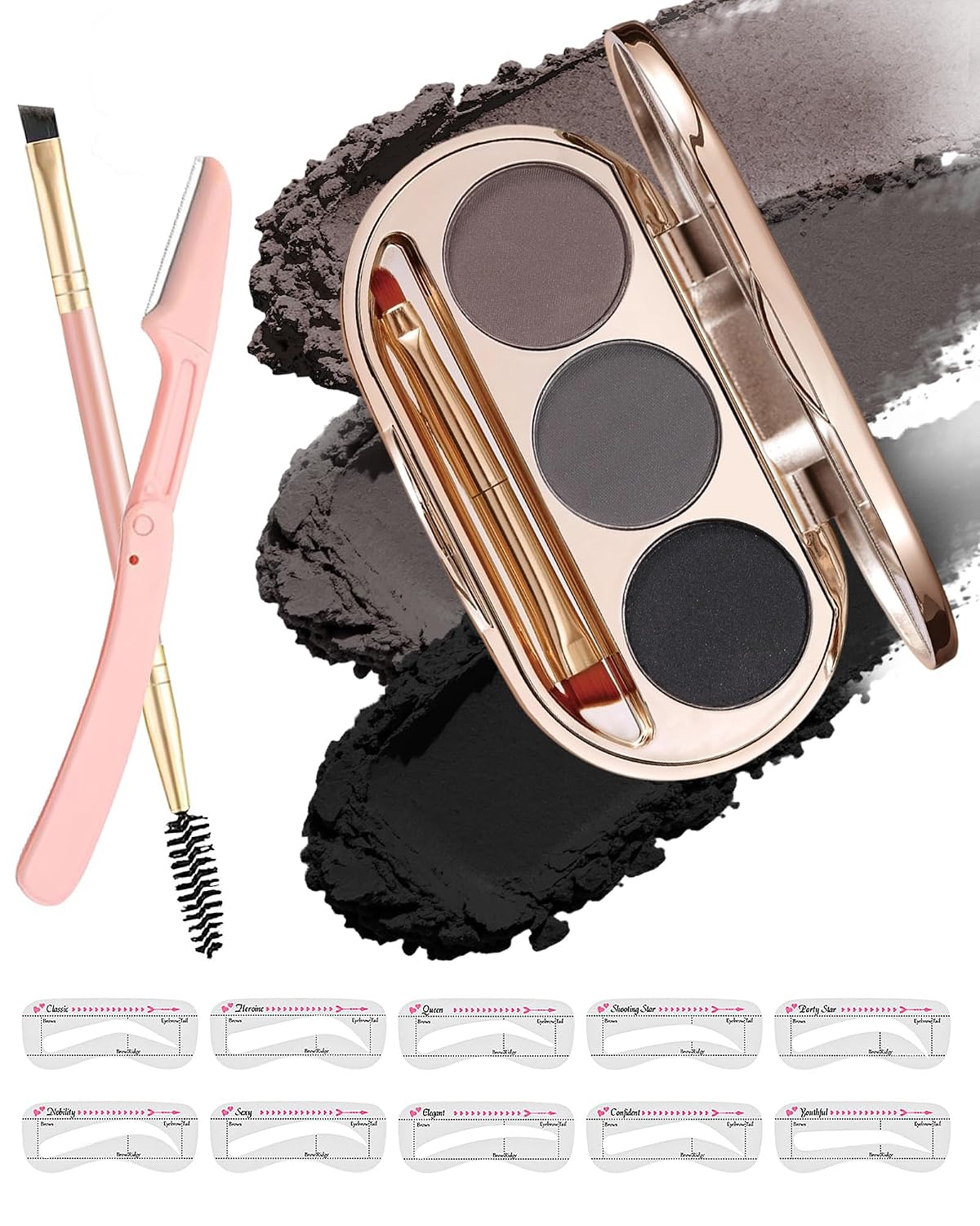 Waterproof Eyebrow Powder Kit - 3 Colors Long-Lasting Brow Powder Palette with Brush Razor & Stencil, Natural Tinting Powder for Women Sparse Brows | #02 Medium Brown, Grey, Black