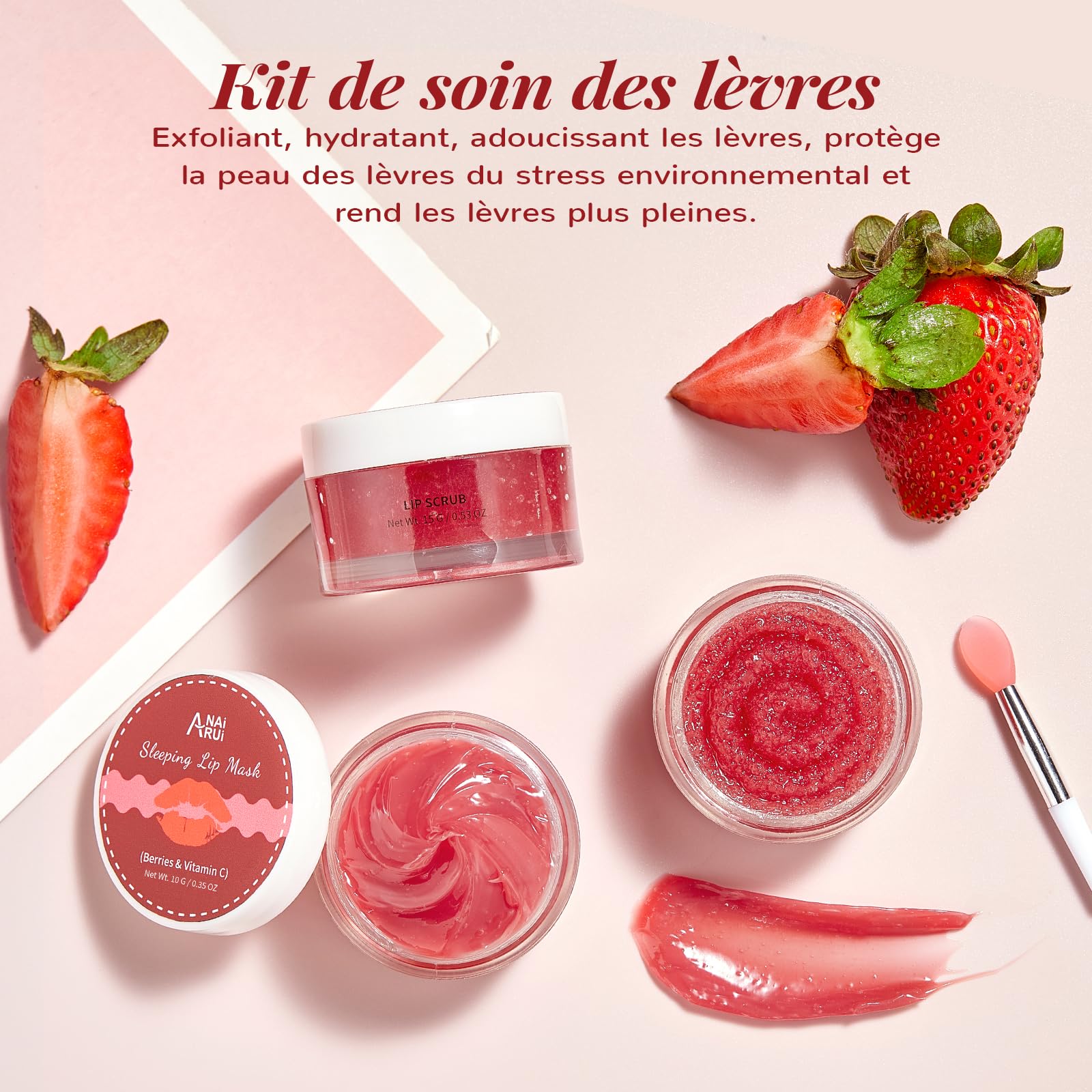 ANAiRUi Kit de Soin pour les Lèvres - Ensemble de Masque Baume & Gommage Sucré - Masque de Nuit (Baies + Vitamine C)