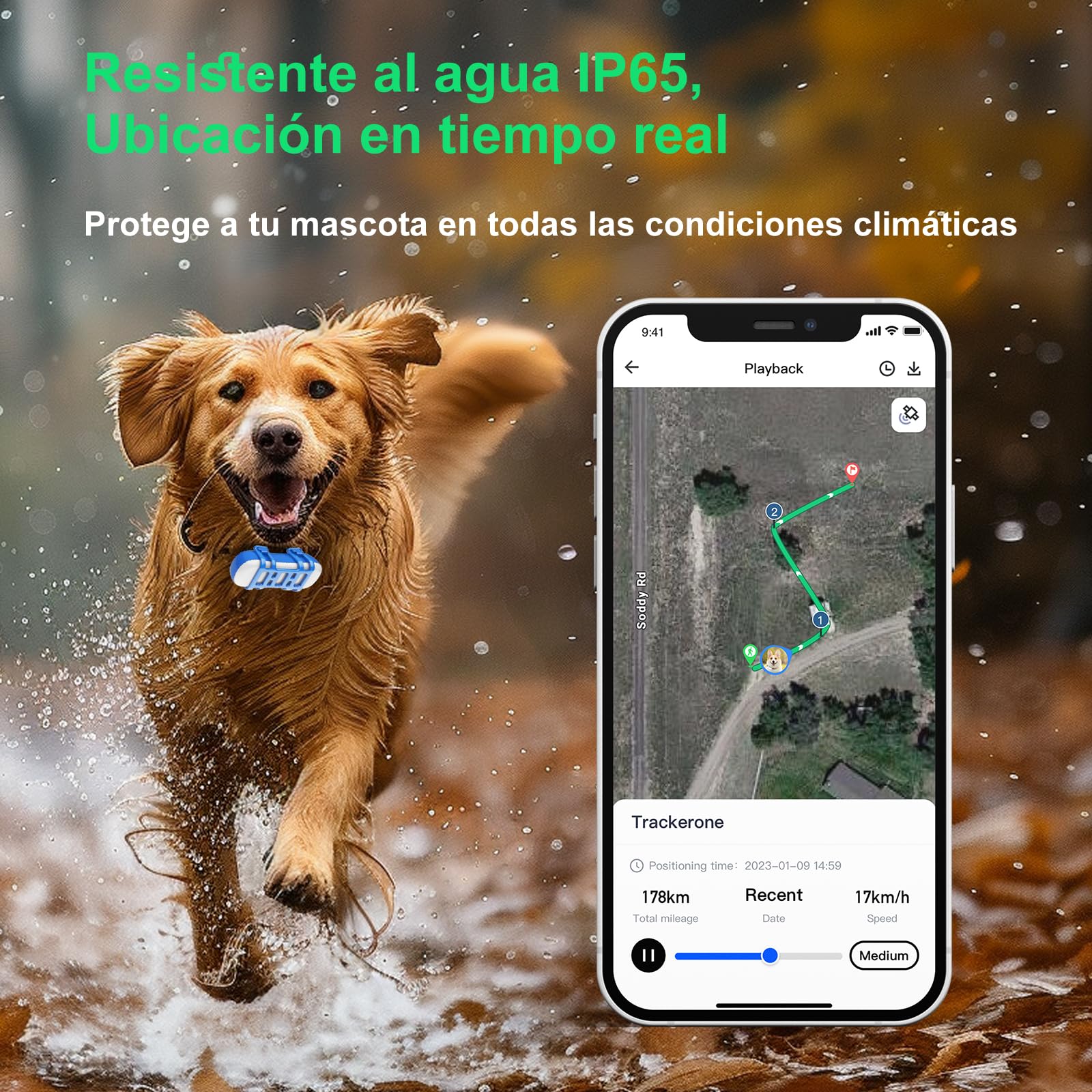 ES-GP30 GPS Perros – Localización en Tiempo Real en Todo el Mundo – Rastreador de Salud y Actividad – Alertas antifuga – Luces y Sonidos – Impermeable – Garantía de por Vida