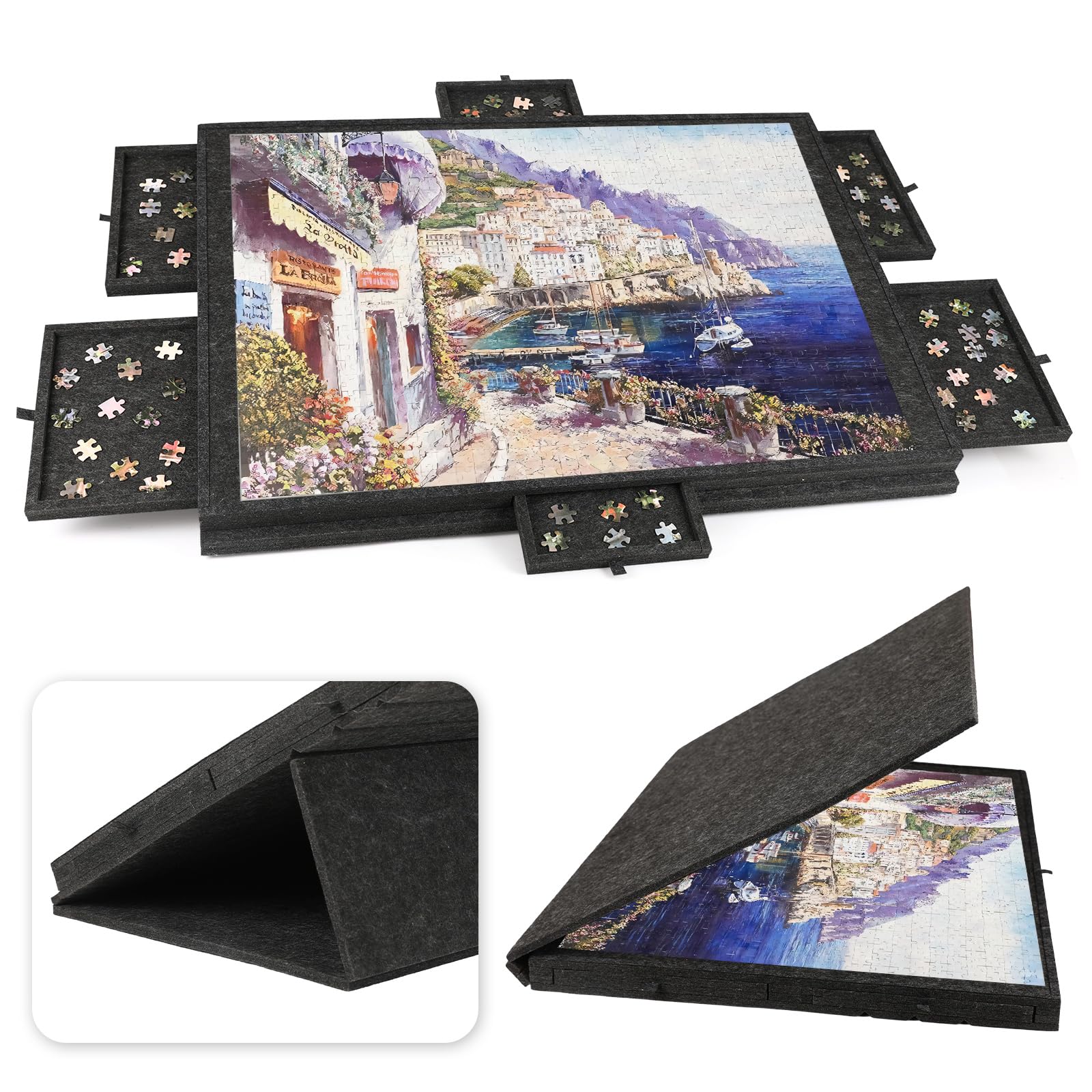 Ruication Tilting Jigsaw Puzzle Board 2-in-1 Designed Stand & Cover Lightweight Felt Jigsaw Board with 6 Drawers Portable 1500 Pieces Jigsaw Puzzle Table for Games Adults Gift
