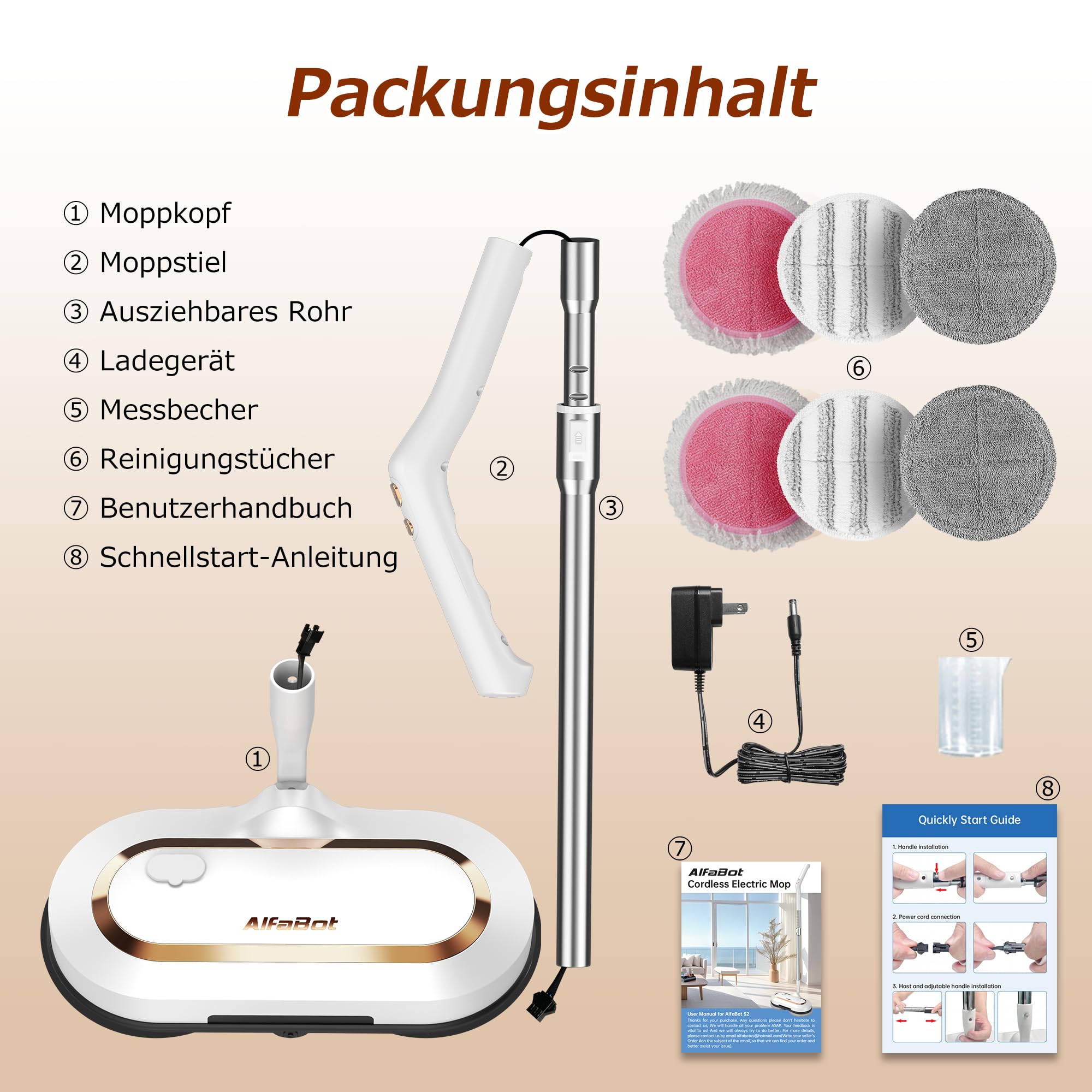 AlfaBot S2 Kabellos Elektrischer Mopp, bodenreiniger Spin Mop, Elektrischer Mop mit Sprühfunktion und LED, Bodenwischer zum Wischen, Schrubben und Polieren