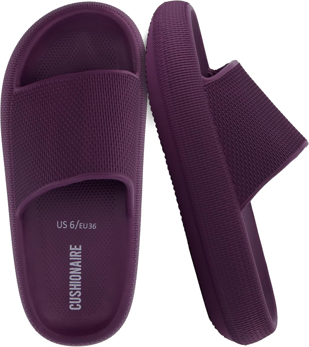 CUSHIONAIRE Feather EVA Slides for Women – Comfortable Slip On Womens Slippers, Indoor Outdoor Shower Shoes, Beach Essential Cloud Slides