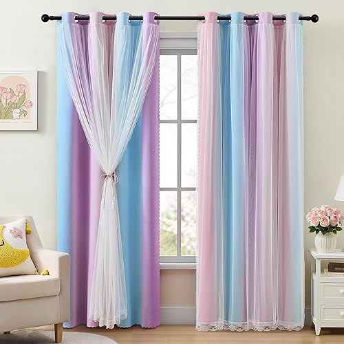 Miniatura 29 de XiDi Cortinas opacas para dormitorio de niñas, diseño de princesa unicornio arcoíris, 72 pulgadas de largo, rosa/azul