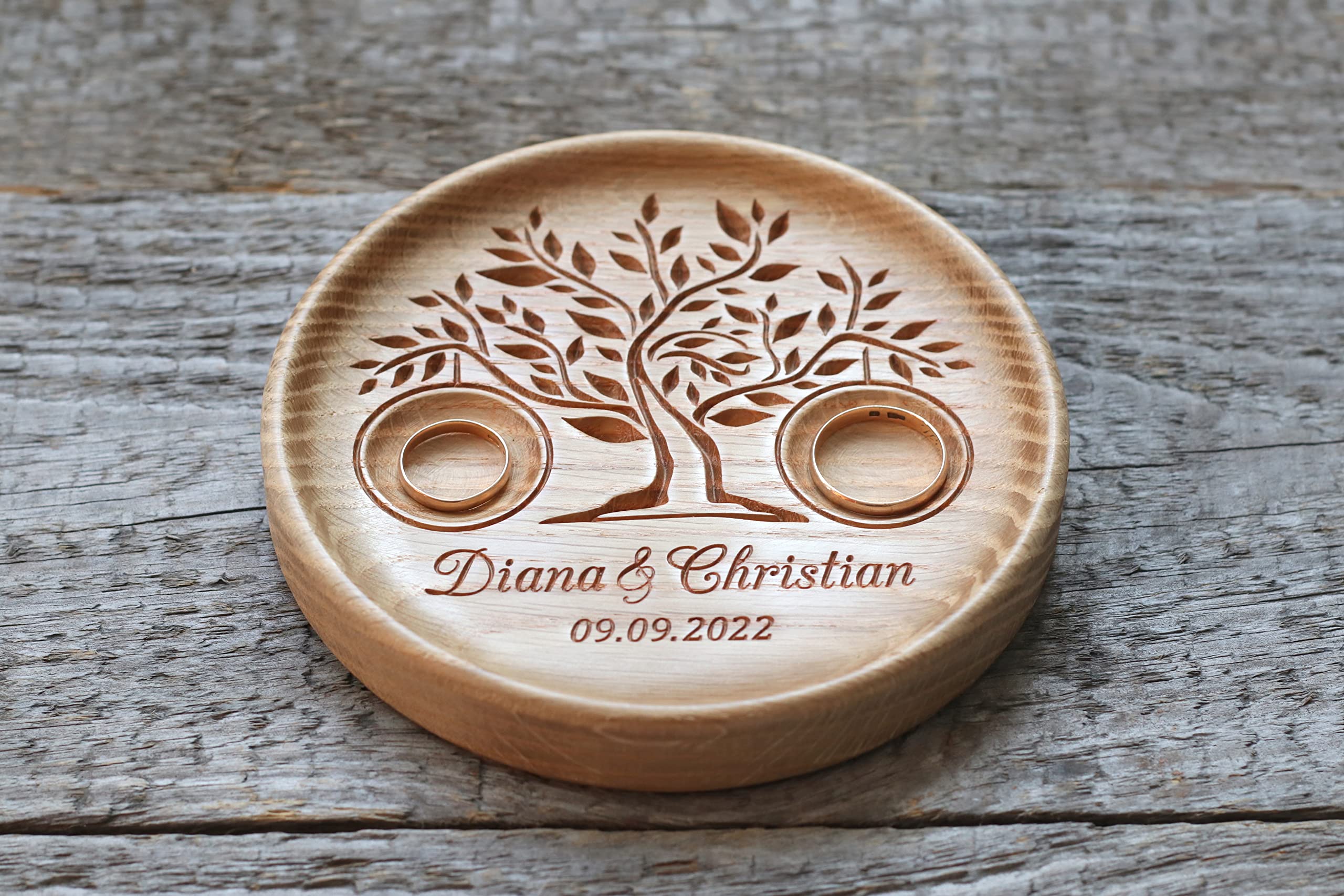 Coussin porte alliance en bois, Boîte de bague de mariage alternative gravés avec les noms et date, cadeau anniversaire mariage, Arbre De La Vie, Tree of Life.