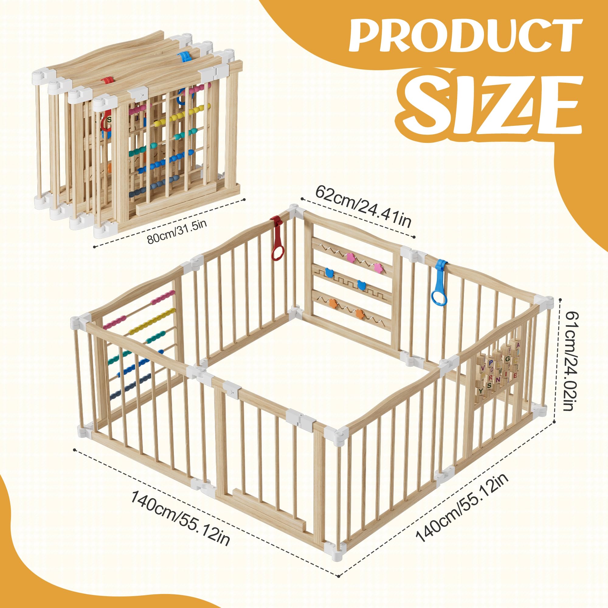 MSFE Parc Bebe Pliable Bois,8 éléments Playpen Baby avec Porte,Verrou de Sécurité et Jouets D'activités Montessori,Taille et Forme Réglables,Espace d'éveil Joyeux pour Bébés et Tout-petits