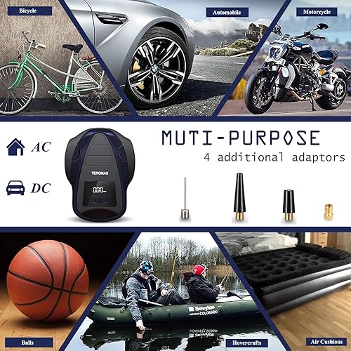 Miniatura 5 de TEROMAS Compresor de aire para inflador de neumáticos, bomba de aire portátil de CC/CA para neumáticos de automóvil de 12 V CC y otros inflables en