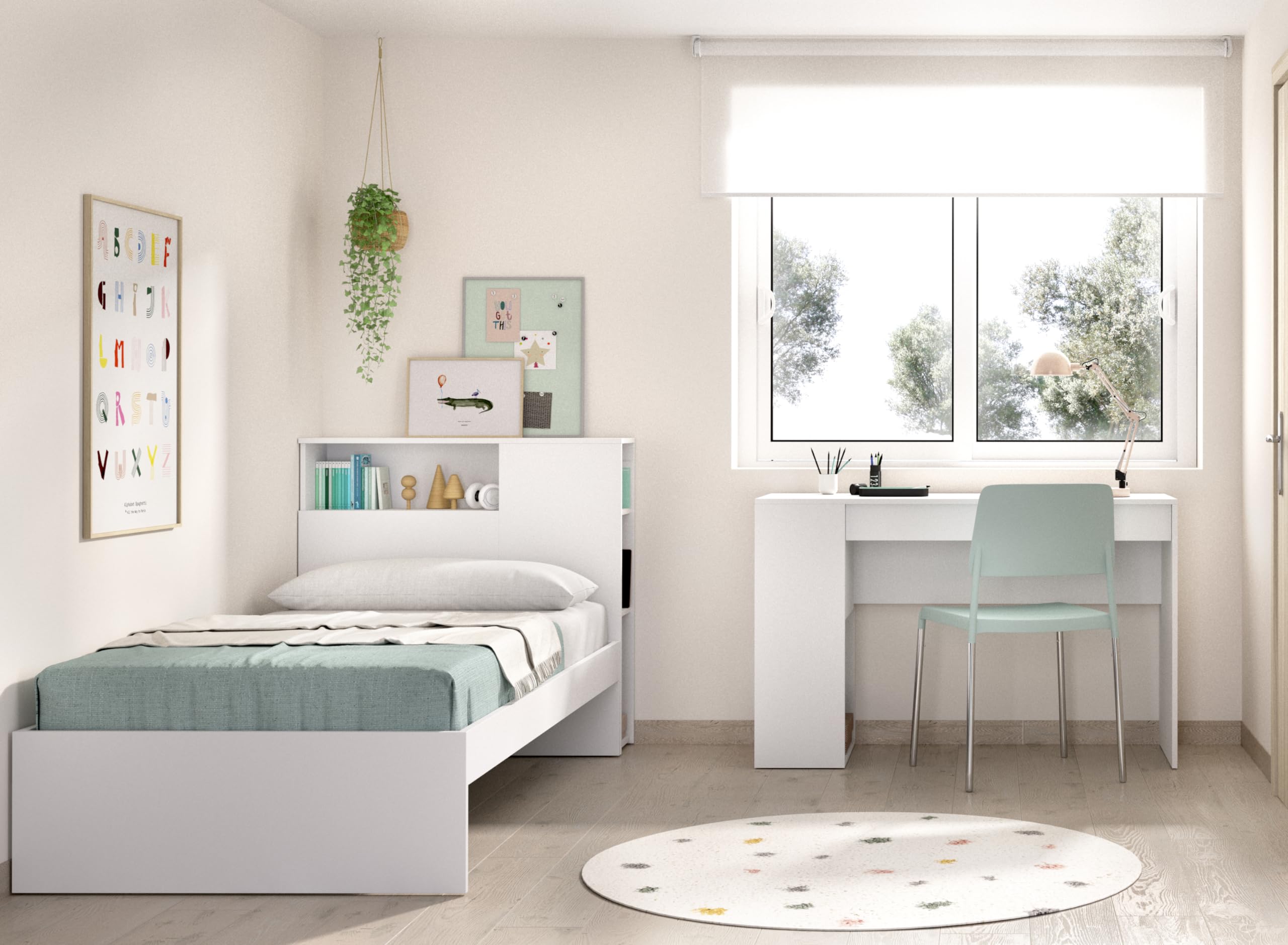 DEKIT Grupo RIMOBEL Ten Pack - Conjunto de Cama con almacenaje en Cabezal y Mesa Escritorio - Blanco