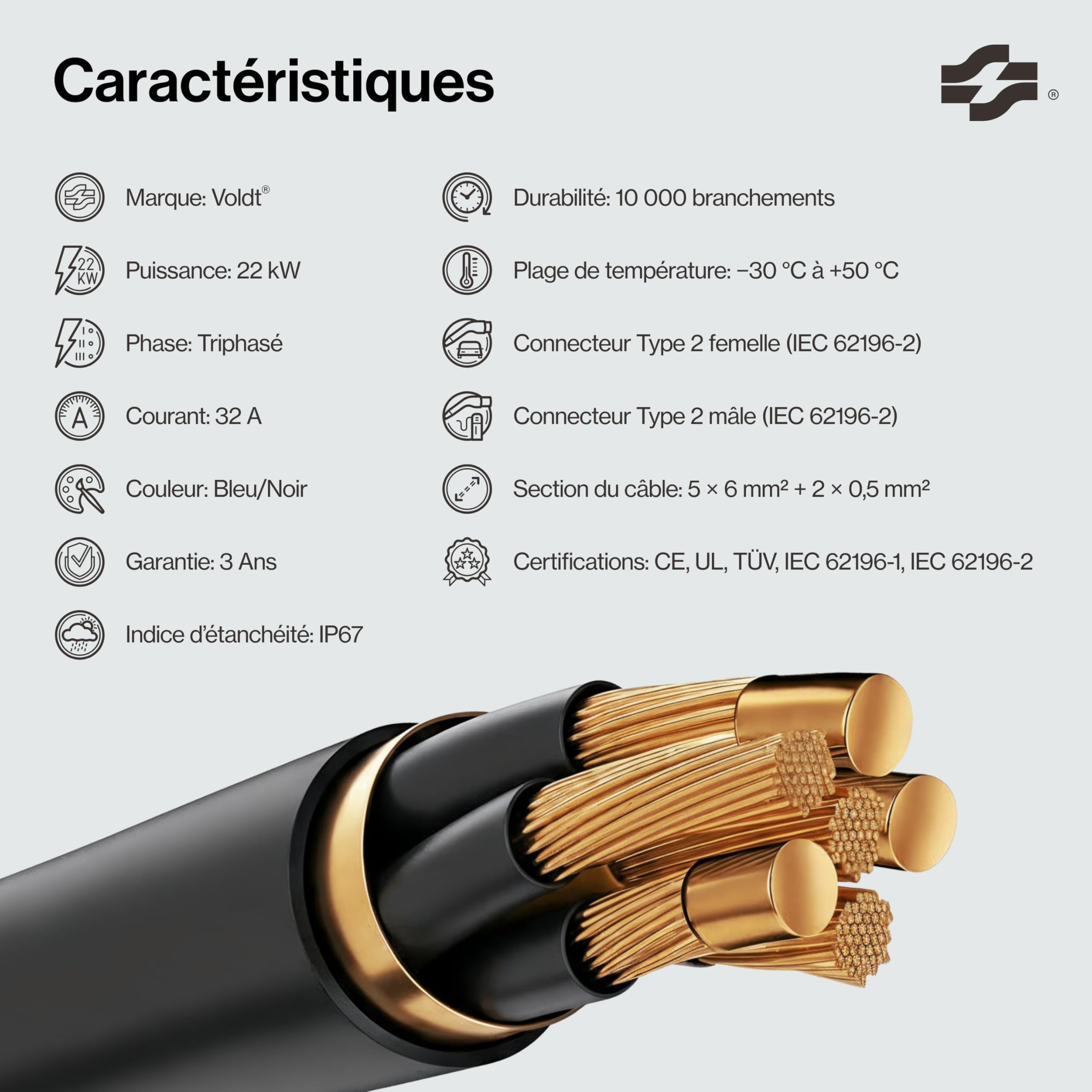 VOLDT Câble de charge de type 2 22 kW 32 A triphasé pour voitures électriques EV PHEV, type 2 vers type 2 Mode 3, convient pour modèle S/X/Y/3, ID.4, E-Tron, e-208, I4, IX1, Zoe, etc. Protection IP67