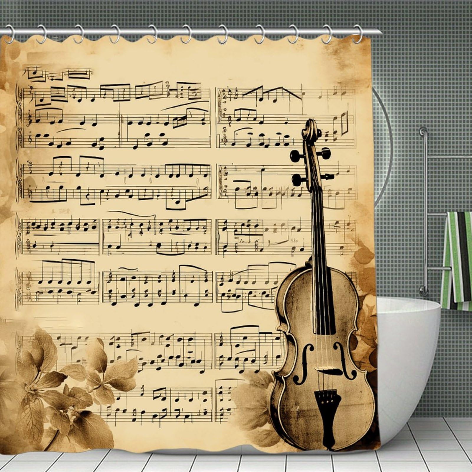 VstaDank Music Notes on Old Paper Shower Curtain Waterproof Bathroom Shower Curtain with C Type Hooks Soft Lightweight Shower Curtains Liner Washable Polyester Cloth Shower Liner 71x71 Inch