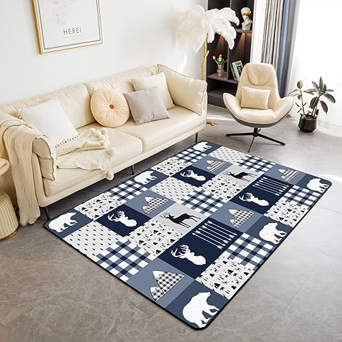 Alfombra decorativa de ciervo, alfombra bohemia de oso con alce de 5 x 7 pies, para niños, niñas, mujeres y hombres, alfombra a cuadros para sala de disponible en Yaxa Peru
