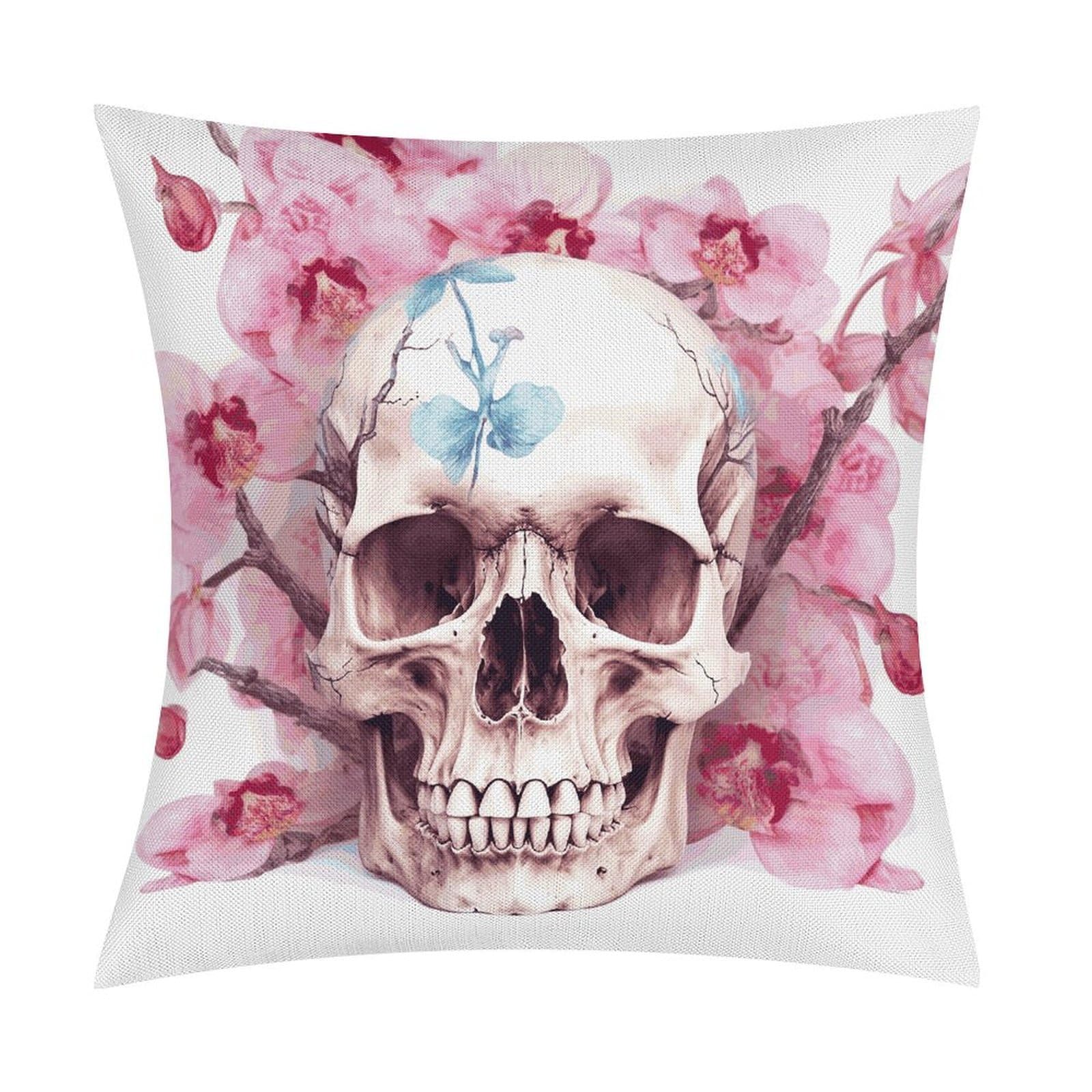 FekiLoot Human Skull Pink Flowers Throw Pillow Cover Soft Square Cushion Case Farmhouse Cushion Cover Decorative Pillow Cover Modern Pillowcase for Sofa Living Room Bed Home Decor 18x18 Inch