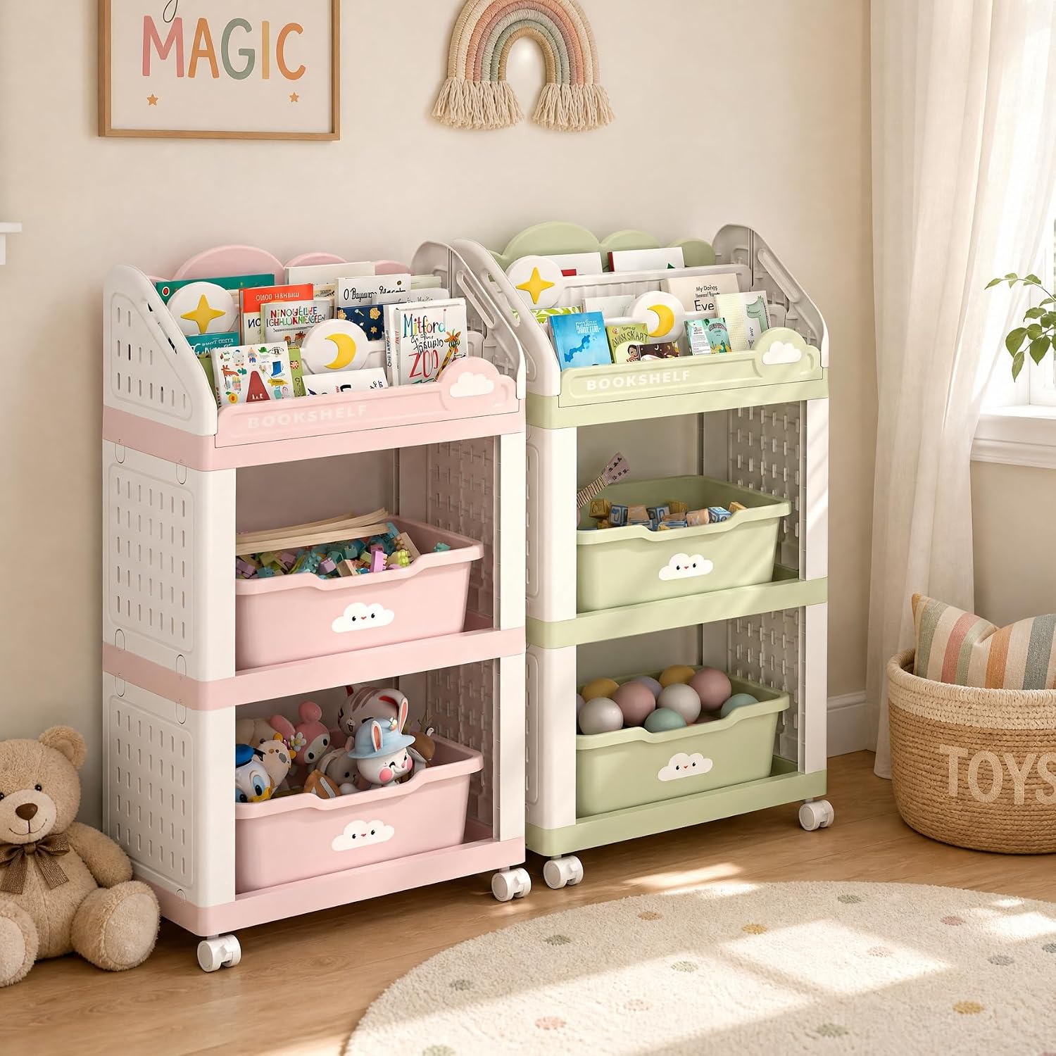 Grow-with-Me Kids Bookshelf and Toy Storage Organizer with Bins and Wheels, Adjustable Detachable Front-Facing Book Rack for Nursery Playroom Kids Room (Pink, 3-Tier)
