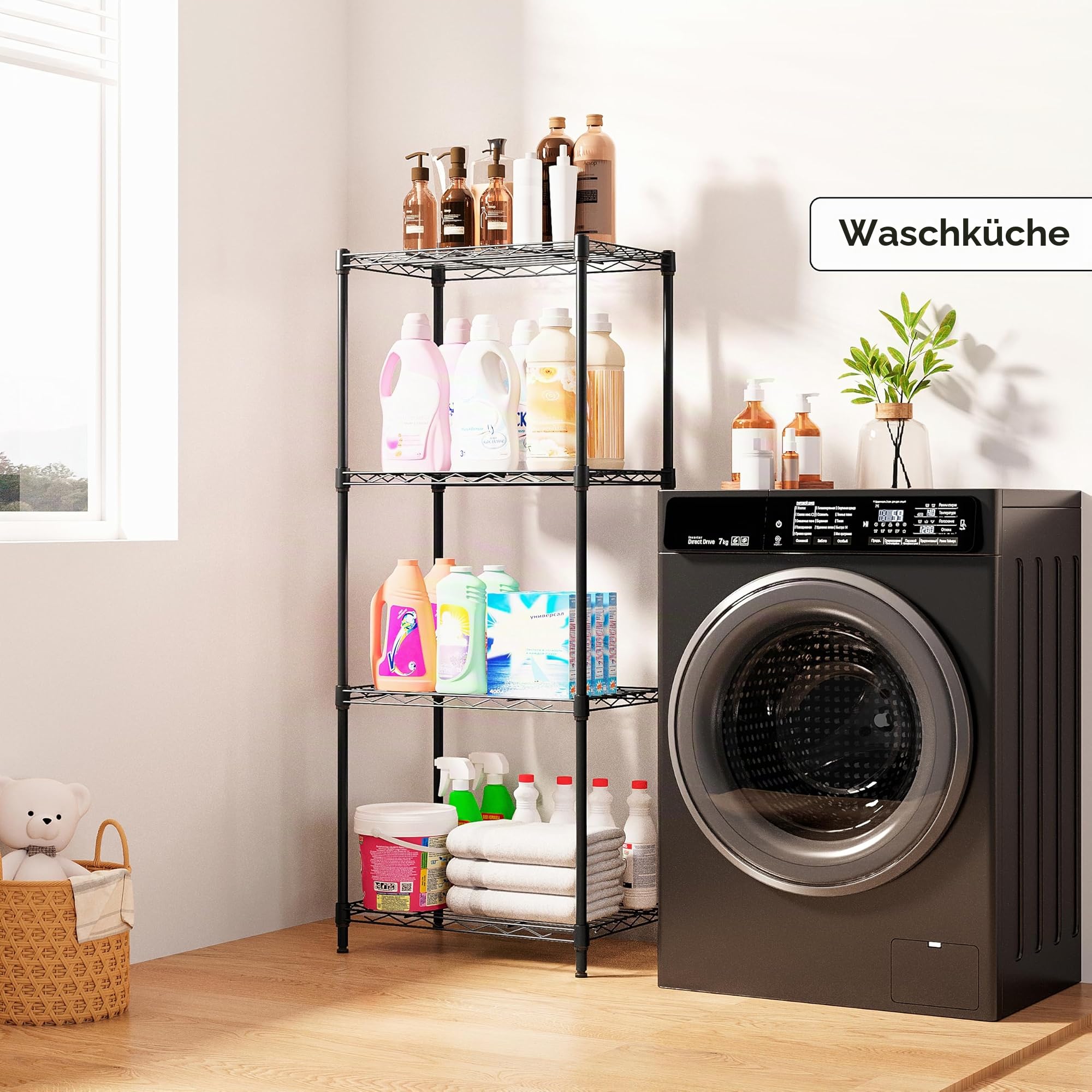 M MZG 4-stufiges Metallregal, platzsparendes Aufbewahrungsregal für Küche, Bad, Büro, Vorratsraum und Abstellraum, Schwarz, 30×45×106.4 cm