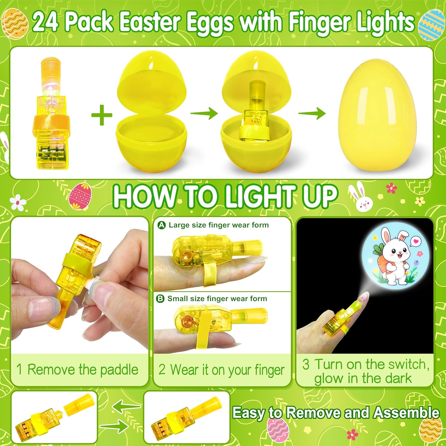 24 Pack Prefilled Easter Eggs with Animal Finger Lights, Easter Egg Stuffers for Kids, Glow in the Dark Easter Eggs, Party Favor Toy Gifts for Boy Girl, Classroom Rewards