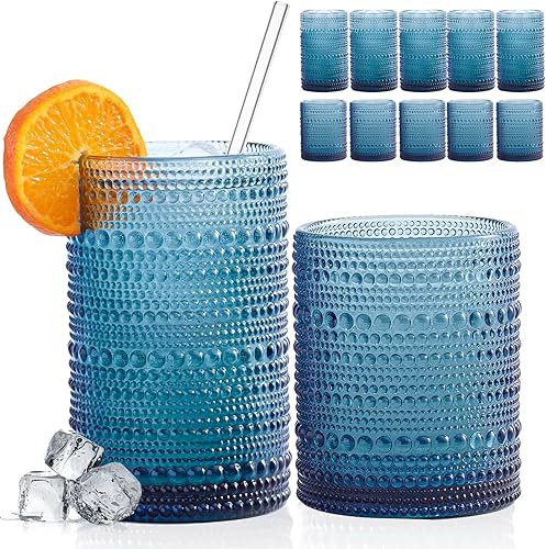 Miniatura 11 de Hobnail - Juego de 12 vasos para beber, vasos vintage de 11.8 oz y juego de vasos de cóctel de 10 oz, vasos de vidrio en relieve para cocina,