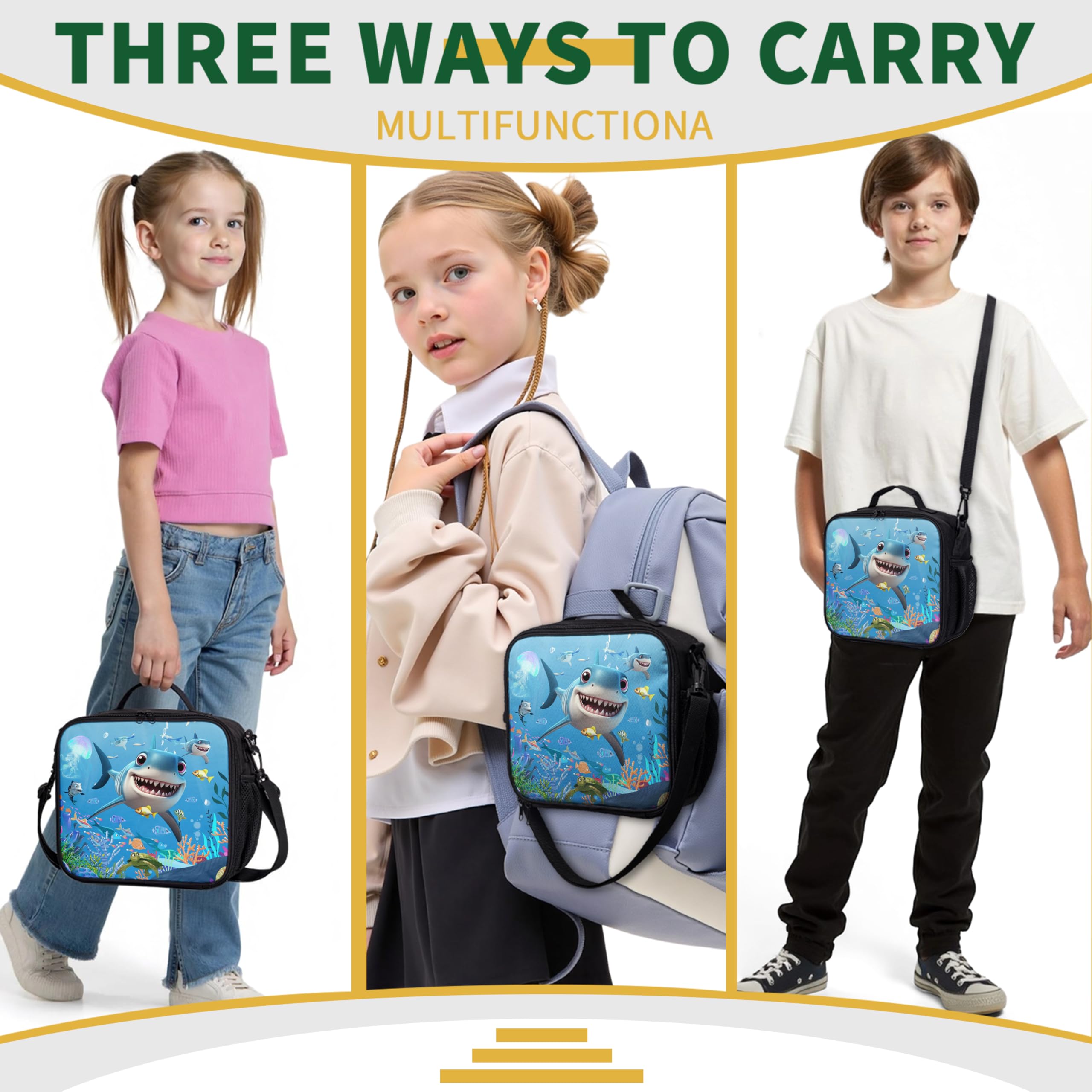 Shark Lunchbox für Kinder, Motiv: blauer Ozean, für Jungen und Mädchen, isolierte Lunchtasche mit verstellbarem Riemen, Thermo-Lunchbox für Schule, Picknick, Outdoor