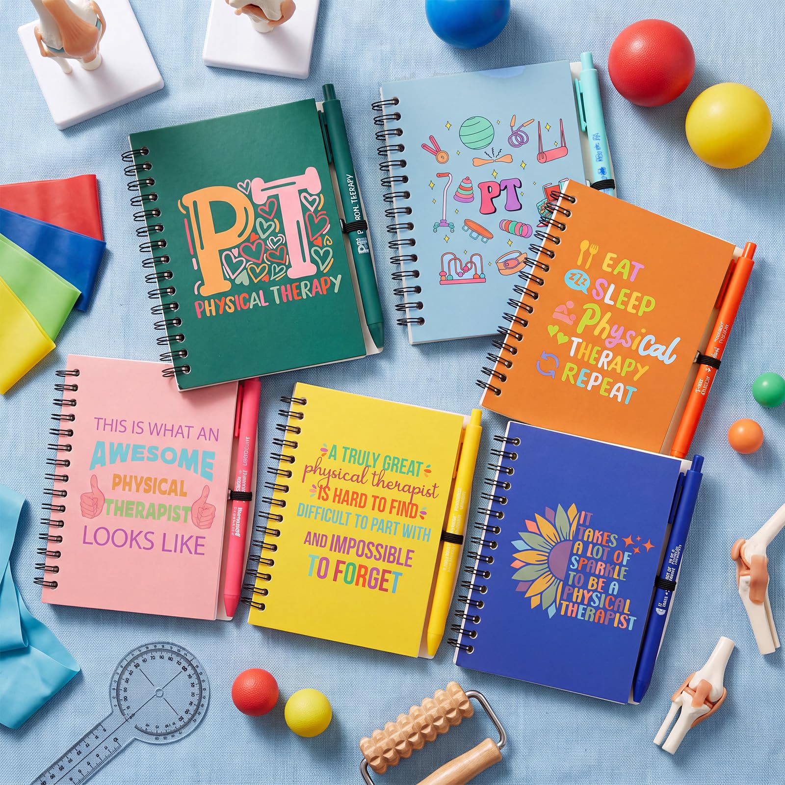 Vesici Lot de 12 carnets à spirales multicolores inspirants avec stylo pour kinésithérapeute, cadeau pour infirmière, collègue, personnel médical, fournitures de bureau
