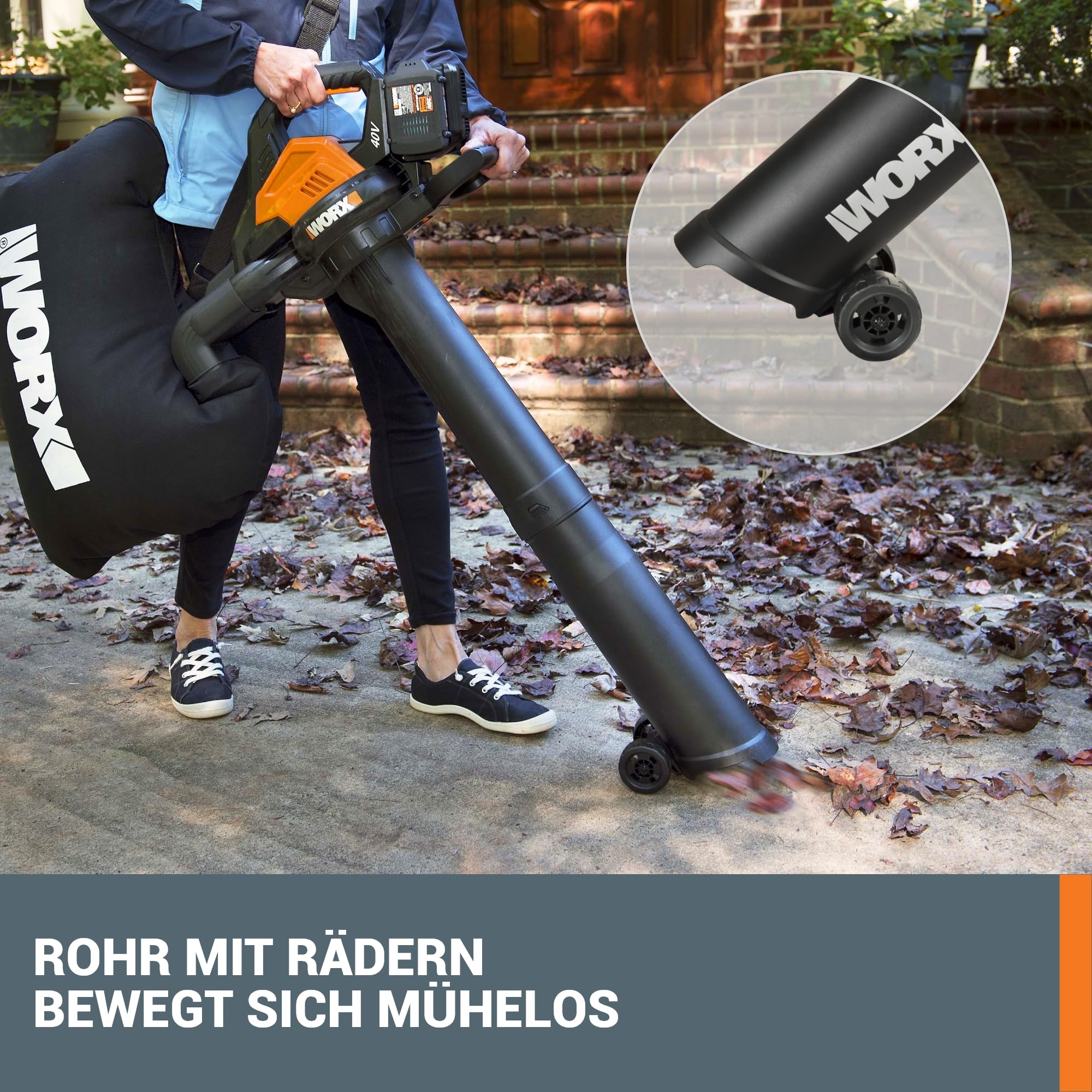 WORX WG583E.9 Akku-Laubbläser/Laubsauger 40V(2x20V), 2 in 1 zum Laub Zusammenkehren & Aufsaugen, max. 575 m³/h Blasleistung, 335km/h Luftstromgeschwindigkeit, 35L Fangsack (ohne Akku und Ladegerät)
