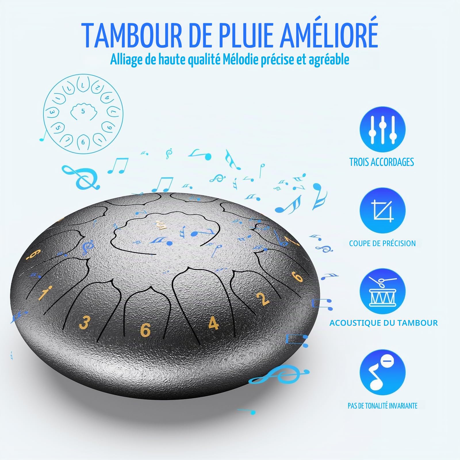 Tambour de pluie pour extérieur, 30,4 cm, 13 totes en acier, Handpan, Steel tongue drum en acier professionnel, adapté à la méditation et au yoga (Argent, 12 Inch)