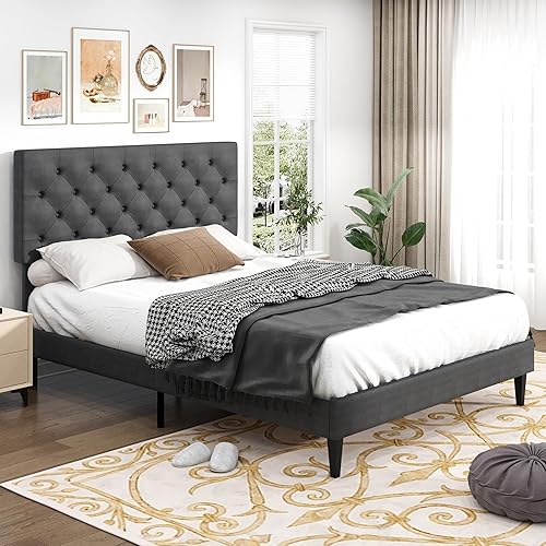 Miniatura 125 de BarnFurin Base de cama de tamaño matrimonial con cabecero, cama de plataforma tapizada con cabecera capitonada con botones ajustables, marco de cama