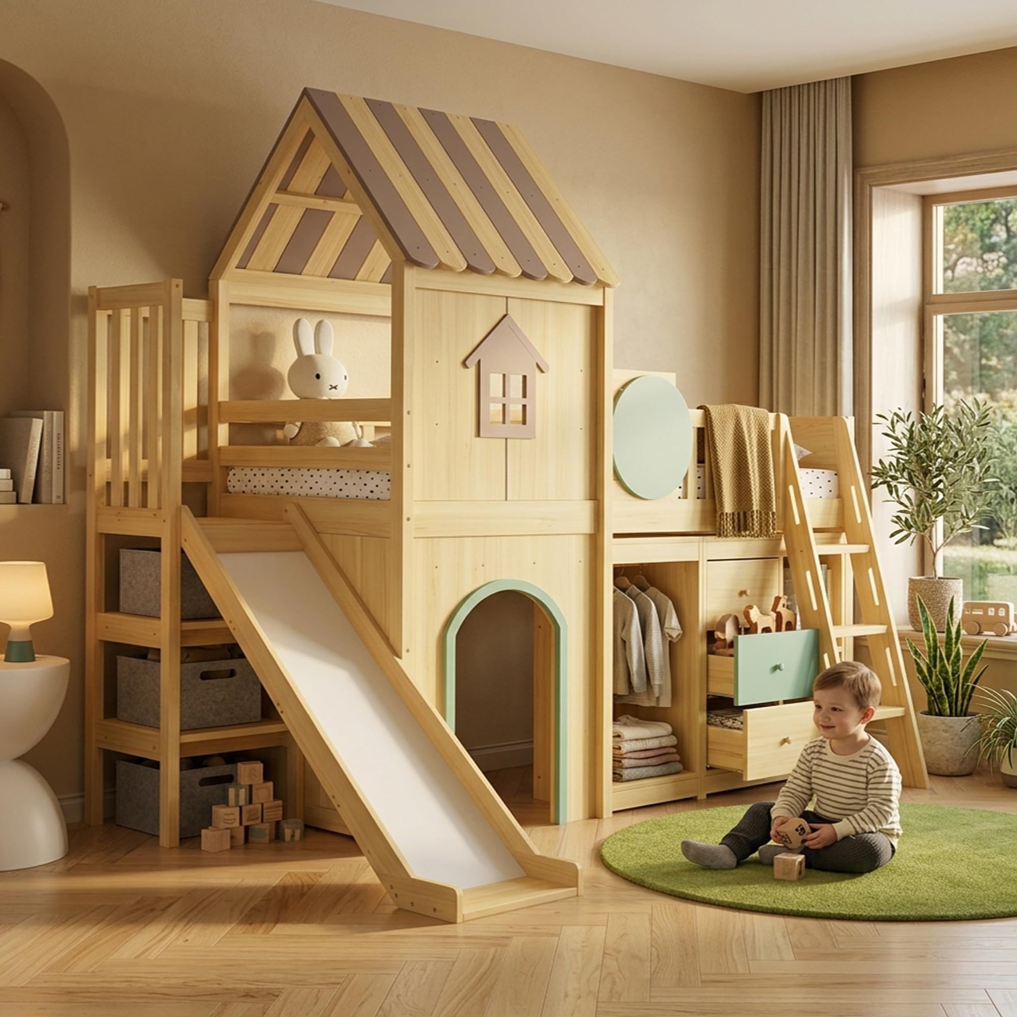 Su & Chan Legence Hochbett 90x200 cm mit Rutsche für Kinder, Hausbett mit dreistufiger Treppe, Kleiderschrank und Schubladen, aus Kiefernholz, in Grün und Naturholz