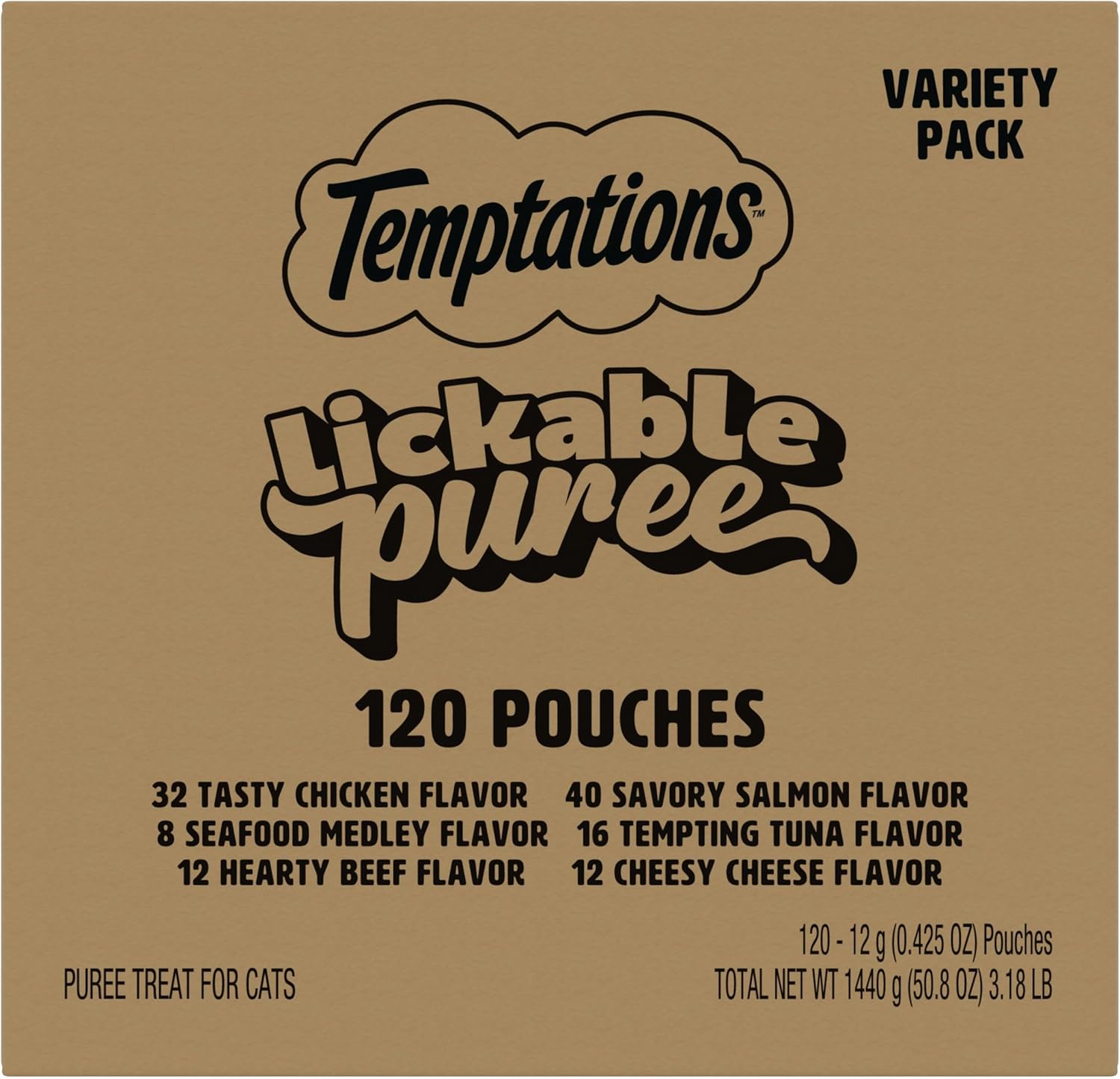 Temptations Creamy Puree Squeezable Lickable Wet Cat Treat Variety Pack, 0.42 oz. Tubes, 120 Count