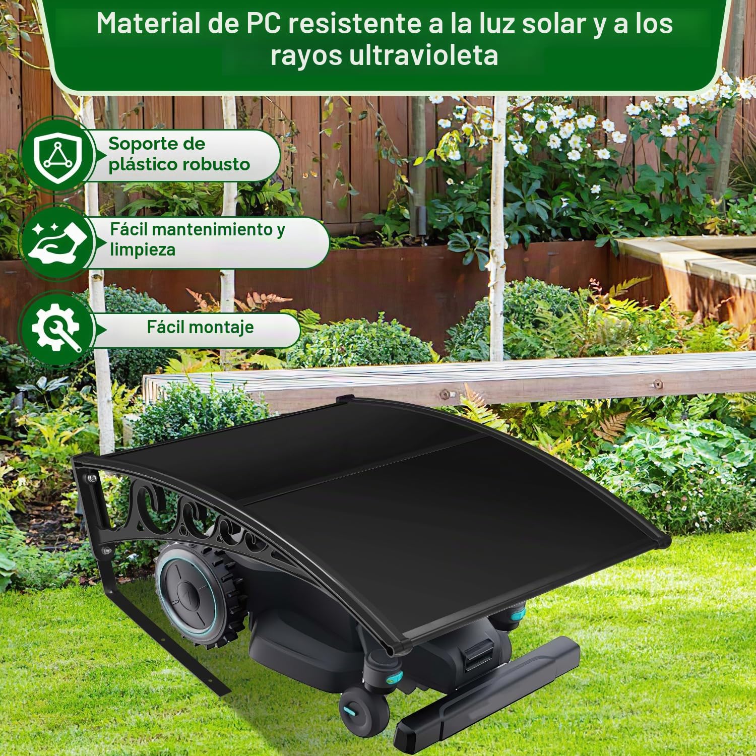 Cortacésped robótico con techo, 106 x 87 x 50 cm, garaje para robot cortacésped, protección UV, negro