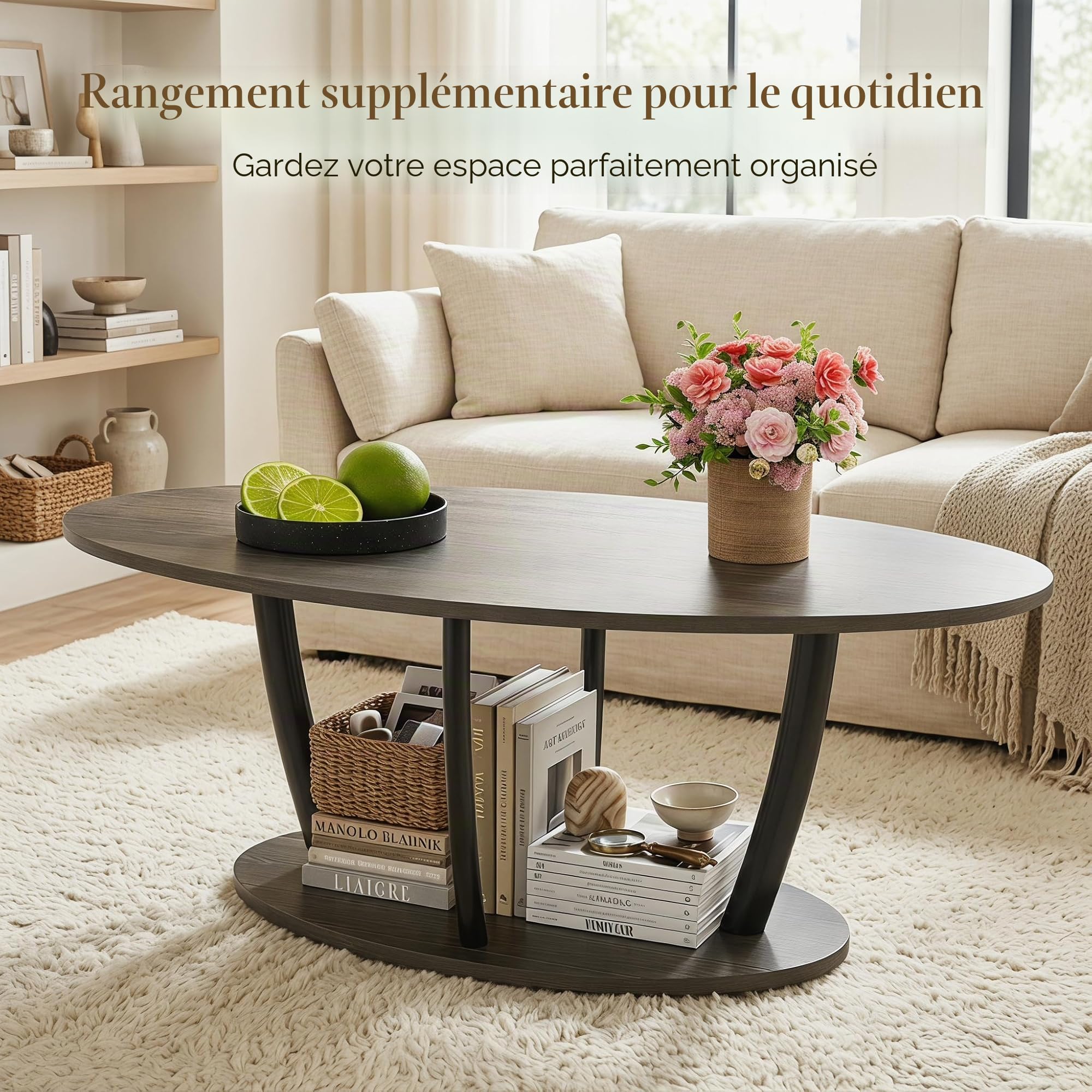 Manora Table basse ovale moderne du milieu du siècle, petites tables basses à 2 niveaux pour salon, table centrale avec étagère de rangement, gris