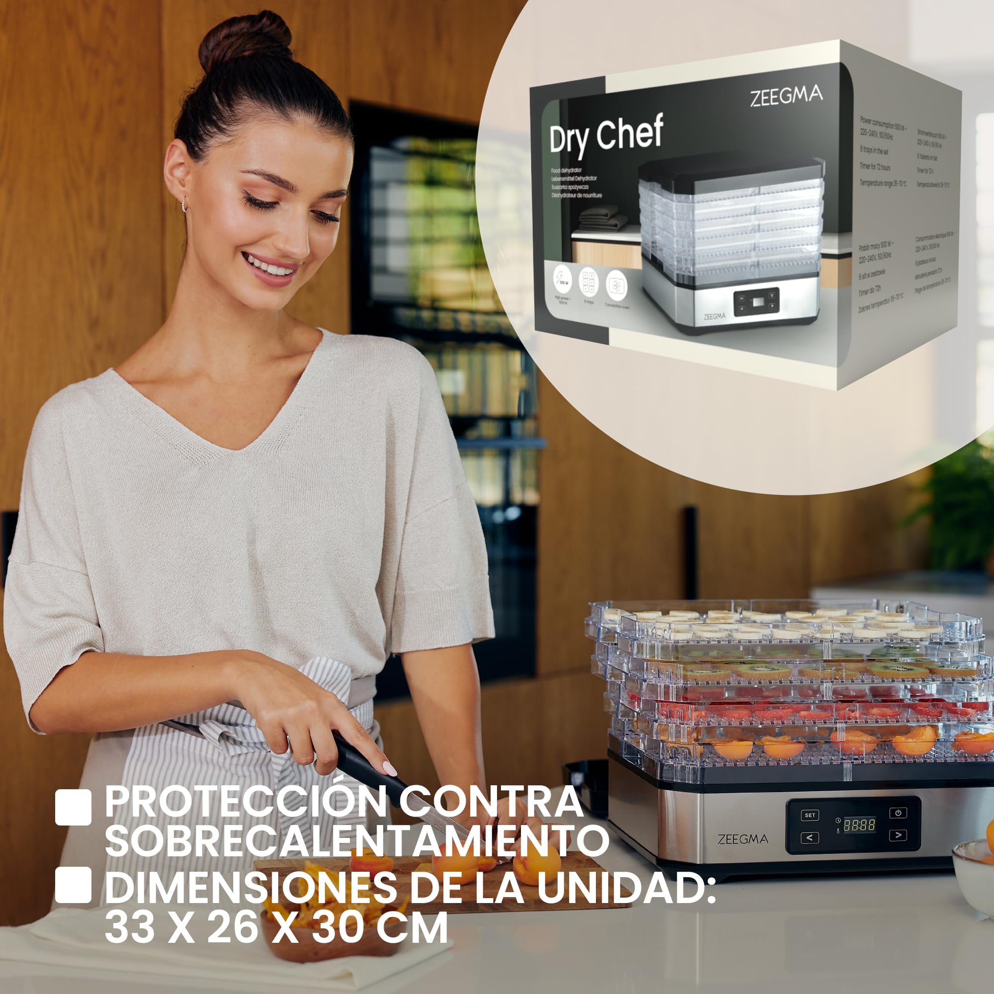 Zeegma Dry Chef - Deshidratador de Alimentos 500W, 6 Bandejas Expansibles, Termostato Ajustable 35-70°C, Temporizador 72h, Sistema de Circulación de Aire, Ideal para Frutas, Verduras, Setas y Carne