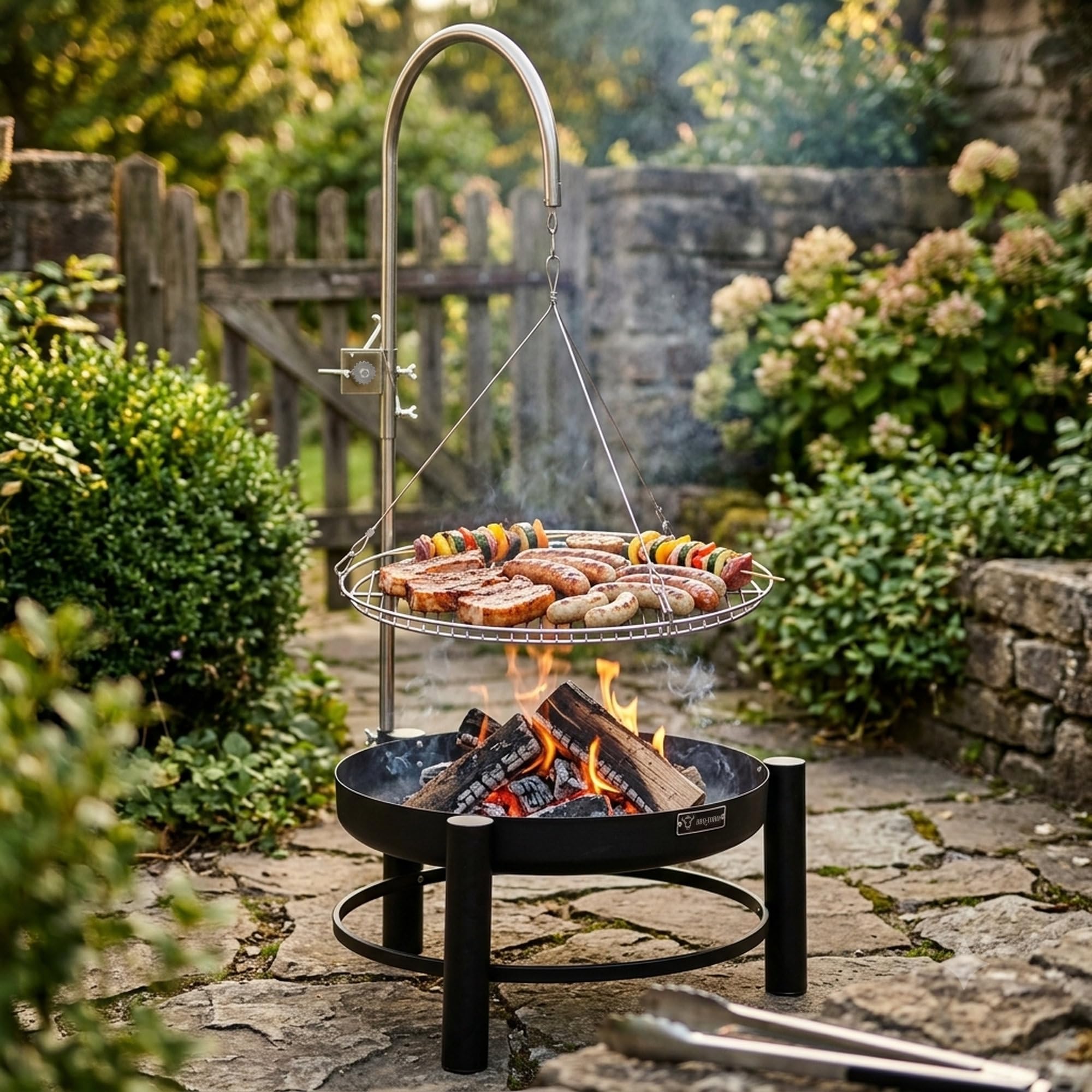 BBQ-Toro Barbecue girevole con braciere e griglia, diametro 61 cm, nero, barbecue a carbonella, barbecue e braciere con manovella, per giardino, terrazza, campeggio e esterni