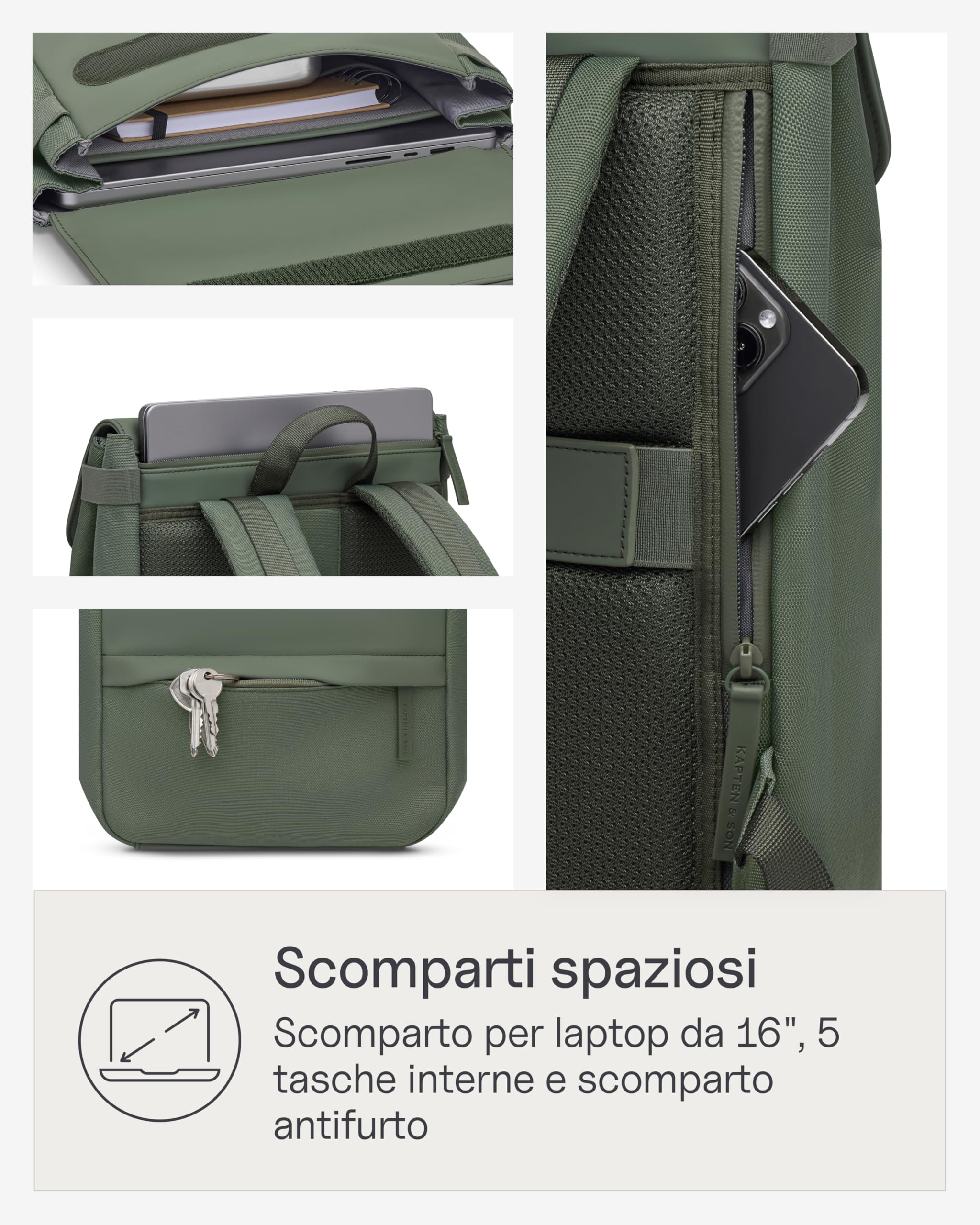 Kapten & Son zaino per il tempo libero con scomparto per laptop Fyn Backpack 13L Dusty Green verde scuro