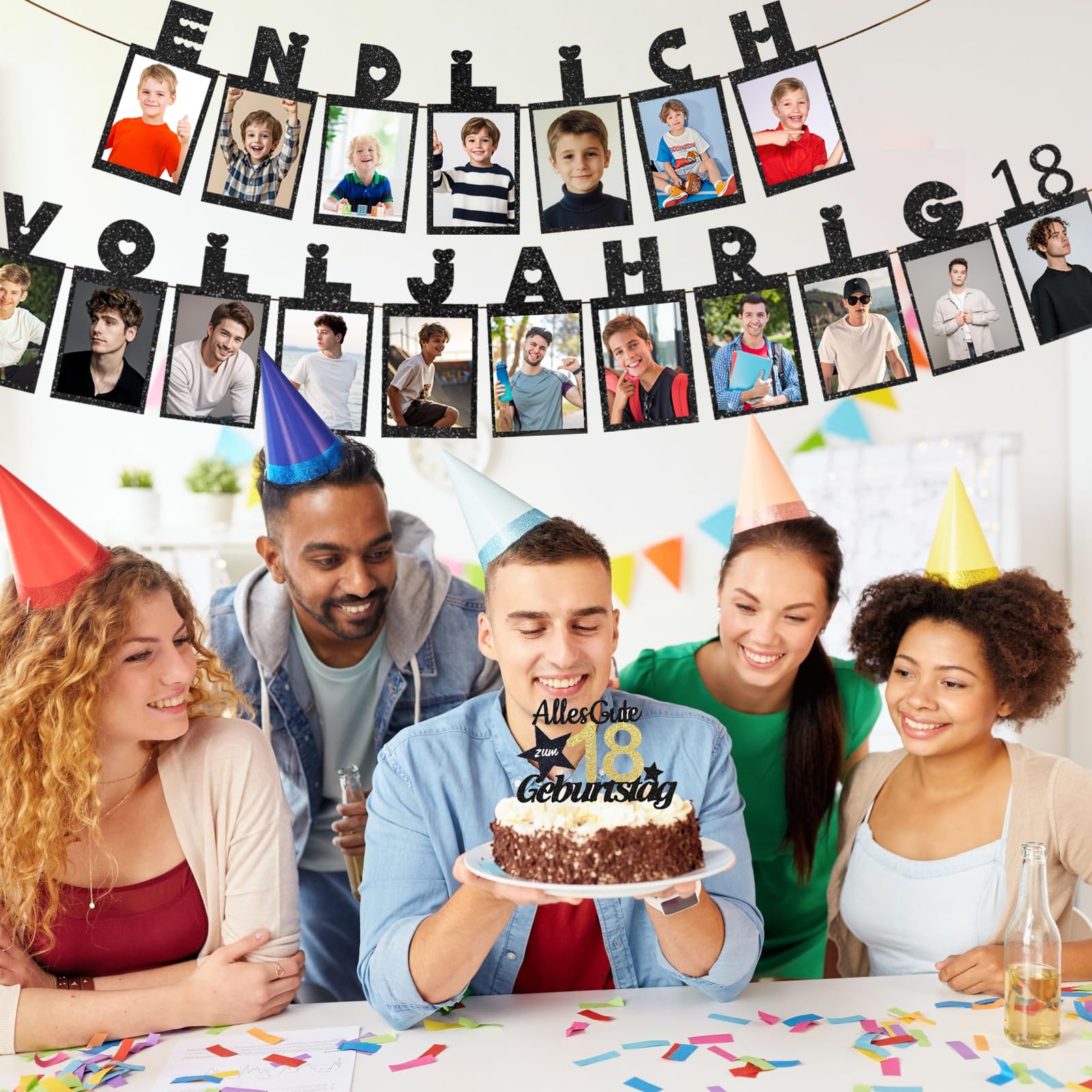 HUKUMA Deko 18. Geburtstag Junge Fotogirlande - ENDLICH VOLLJÄHRIG 18 - Meilensteine Geburtstagsdeko 18 Junge, 18 Glitzerkarten Kann Fotos von 1 bis 18 Jahren einfügen Geburtstagsparty Dekoration