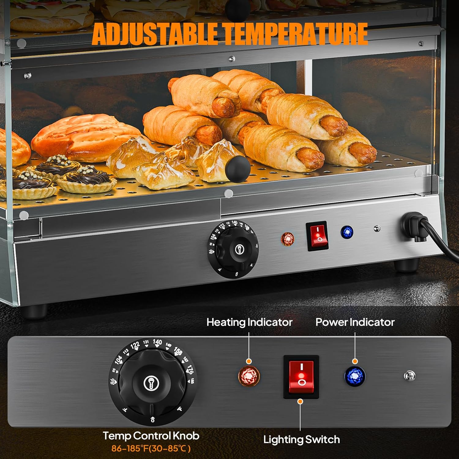 ROVSUN 2-Tier Food Warmer Pizza Warmer Countertop, Food Warmer Display Pretzel Warmer with LED Lighting Front and Rear Doors, Electric Catering Hot Box Acrylic for Buffet Restaurant Cafe