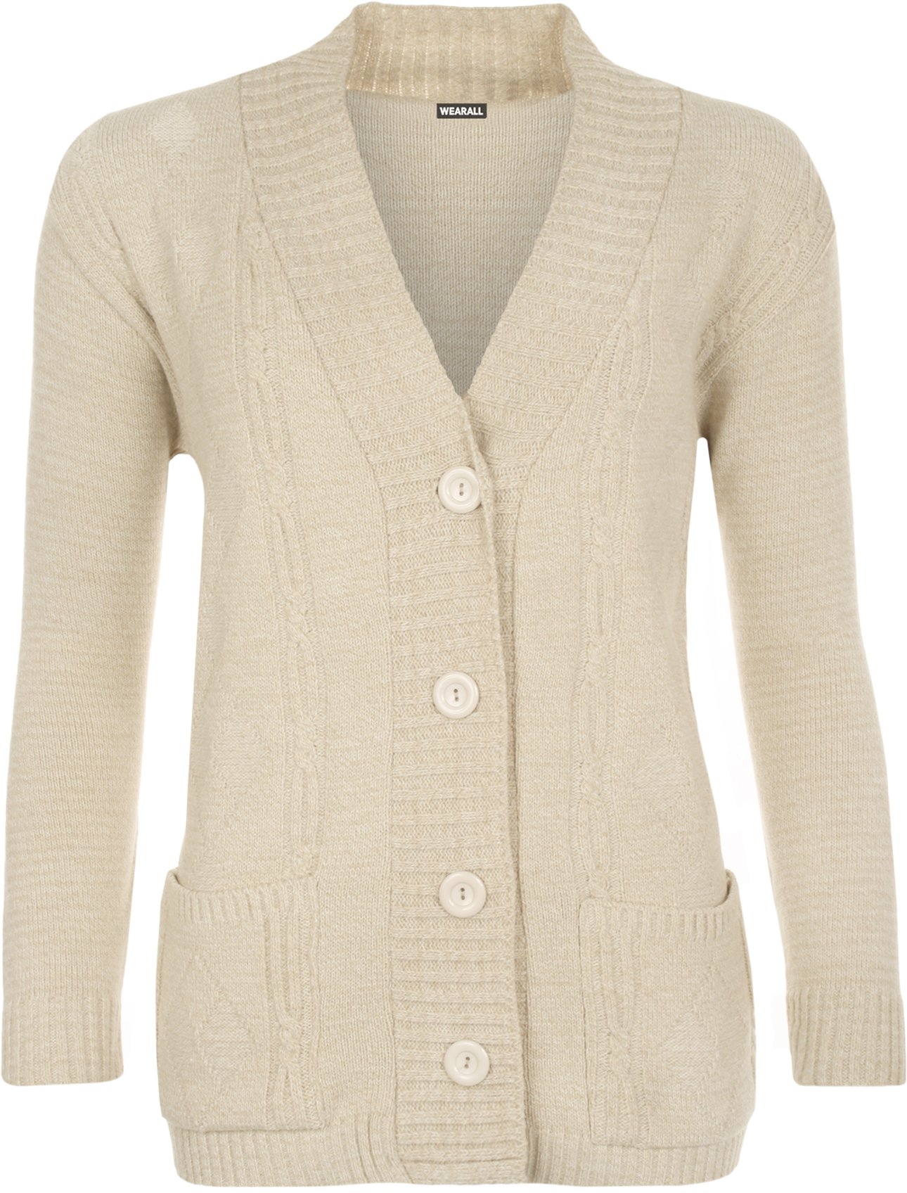 WearAll Plus Size Womens Button Long Sleeve Pocket Top Ladies Knitted Cardigan - Stone - 8-10
