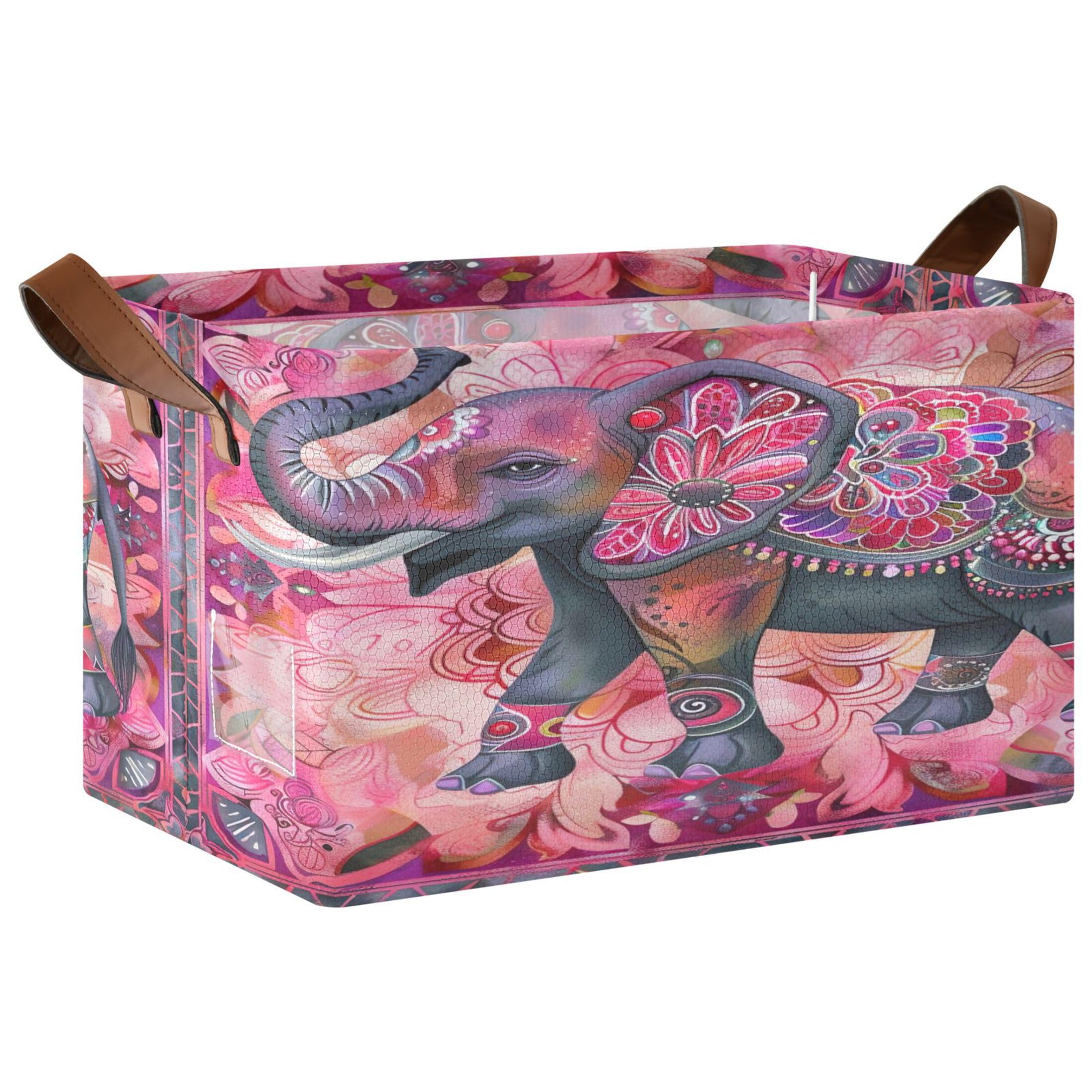 Kutsu Foldable Storage Basket Mandala Elephant Collapsible Storage Bin with Handles for Shelves, Rectangle Basket for Home Nursery Decor, 16.9x11.4x10 in