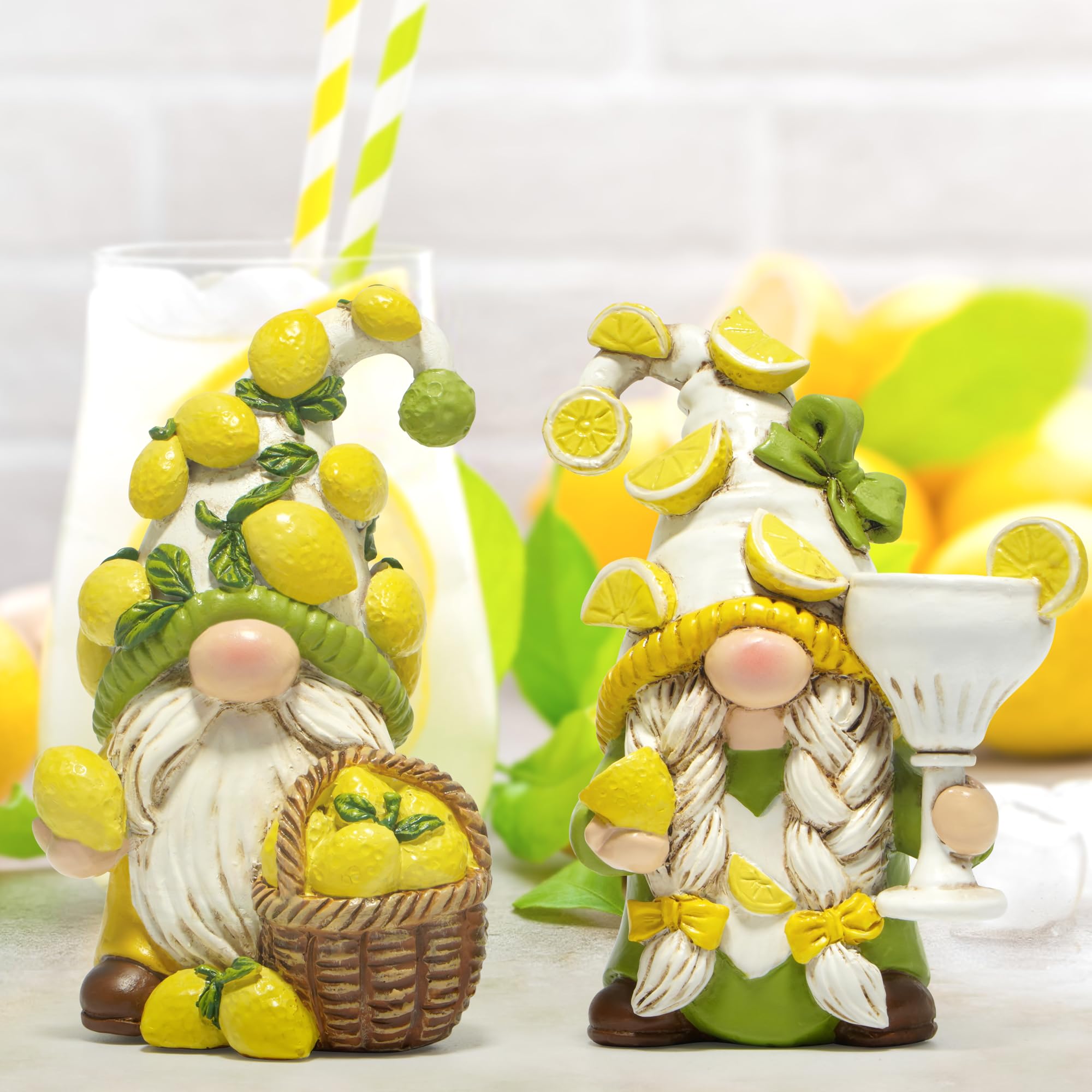 Hodao Zitronenzwerg-Figuren-Set – Zwerg mit Zitronen-Motiv, Innendekoration für den Sommer, kleine dekorative Zwerge für Küche, Wohnzimmer oder Regal, niedliches Ornament-Set, 2 Stück