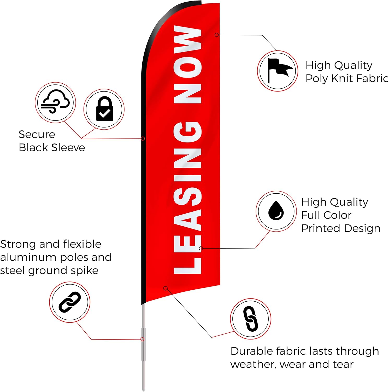 Swooper Feather Flag Kit 15ft Leasing Now Red w/Ground Spike and Pole
